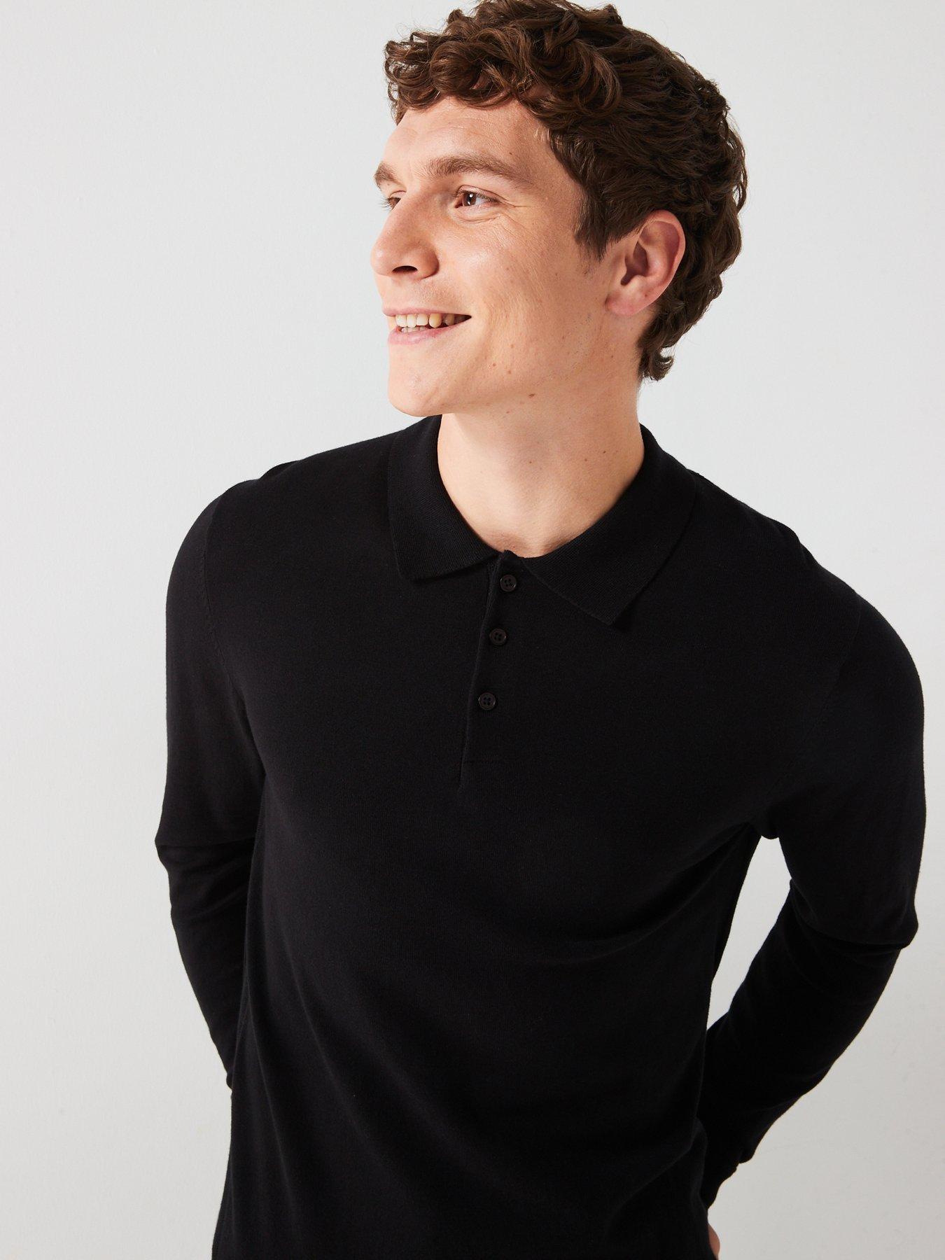  image of everyday-cotton-rich-long-sleeve-knitted-polo-black