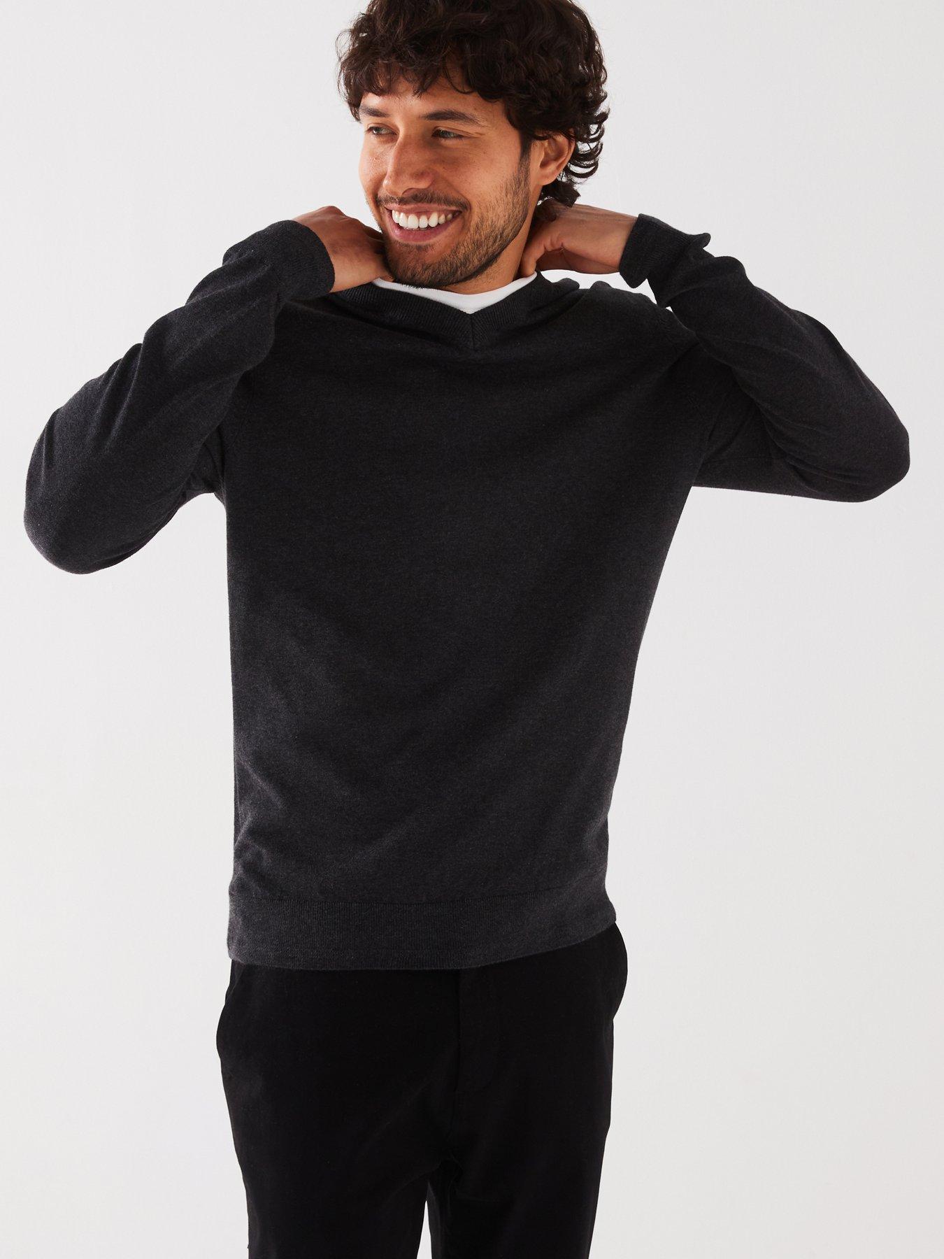  image of everyday-cotton-rich-v-neck-knitted-jumper-dark-grey
