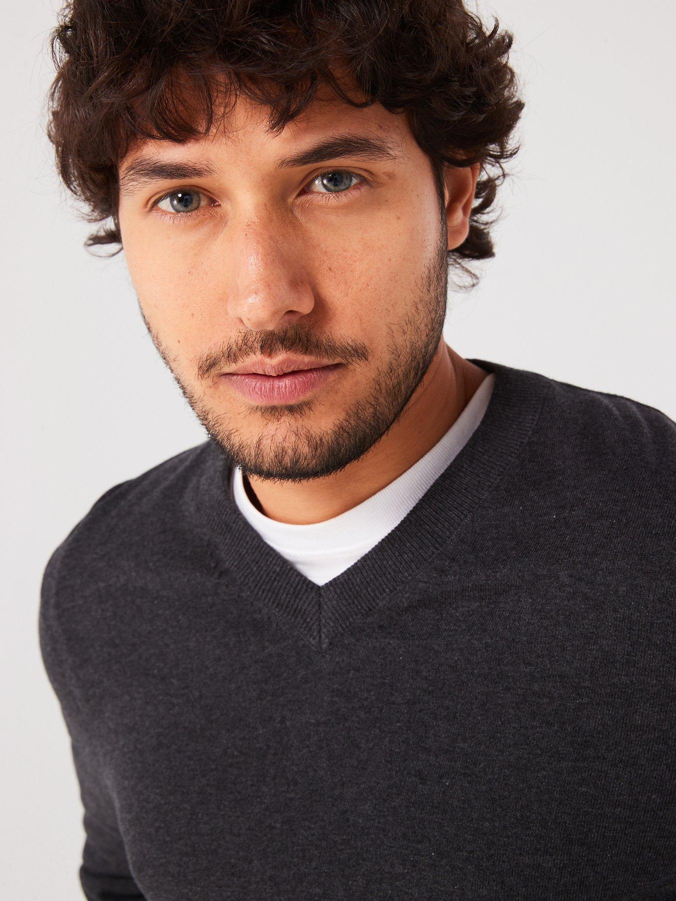  image of everyday-cotton-rich-v-neck-knitted-jumper-dark-grey