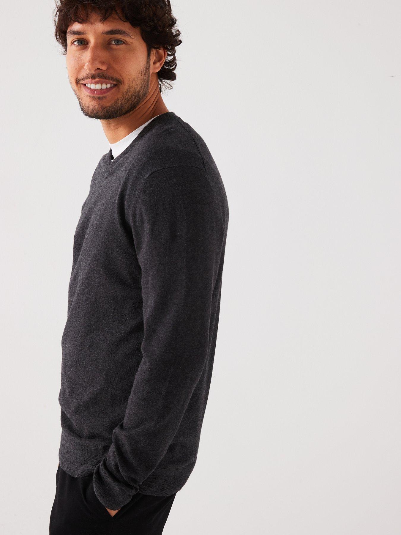  image of everyday-cotton-rich-v-neck-knitted-jumper-dark-grey