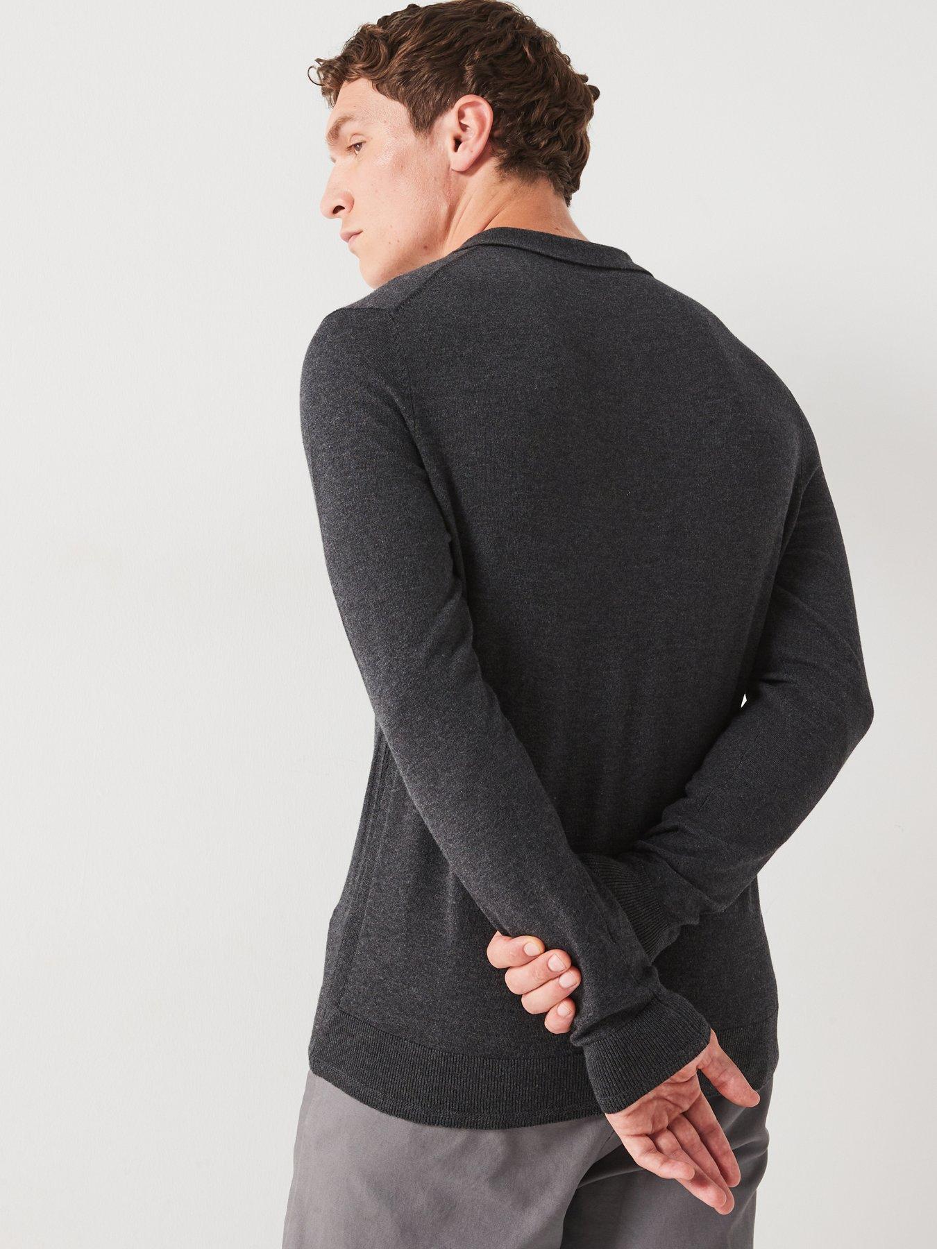  image of everyday-cotton-rich-long-sleeve-knitted-polo-charcoal