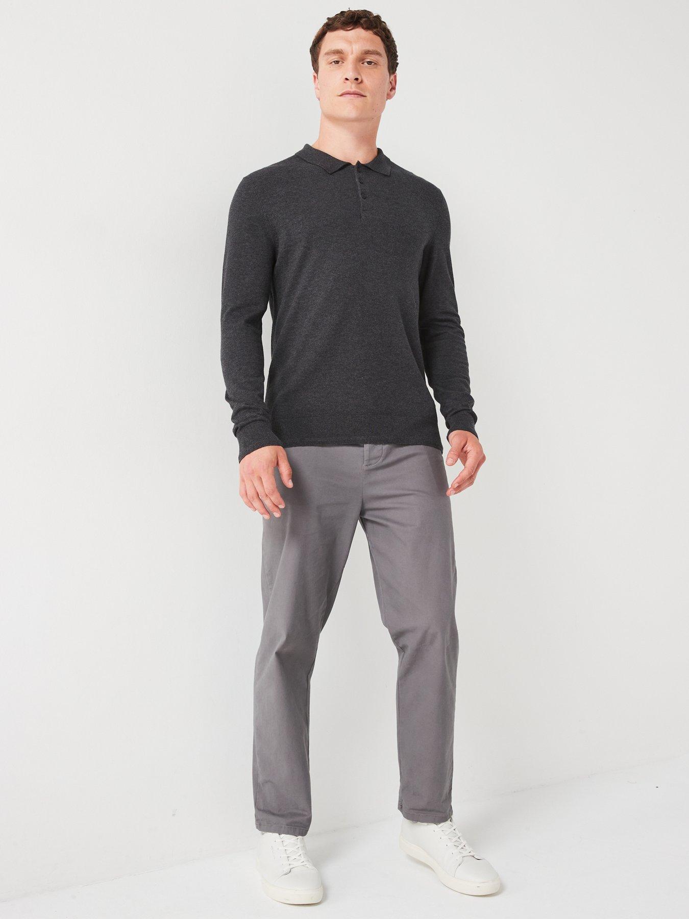  image of everyday-cotton-rich-long-sleeve-knitted-polo-charcoal