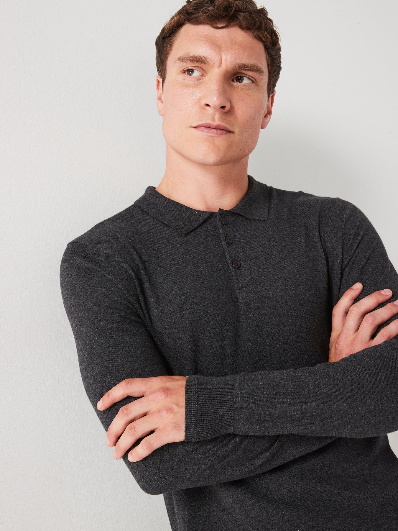  image of everyday-cotton-rich-long-sleeve-knitted-polo-charcoal