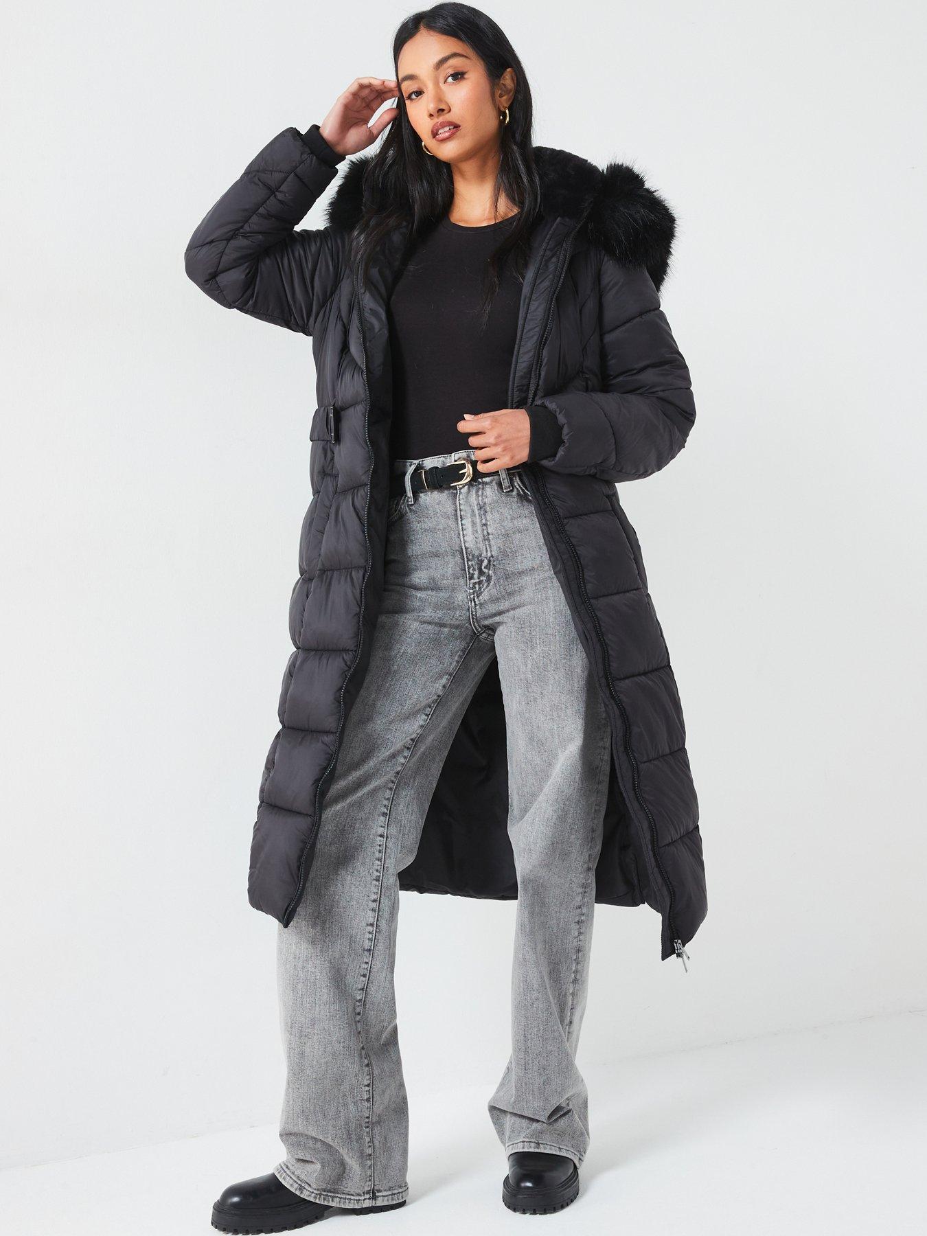 V by Very Longline Padded Belted Coat With Faux Fur Trim Black