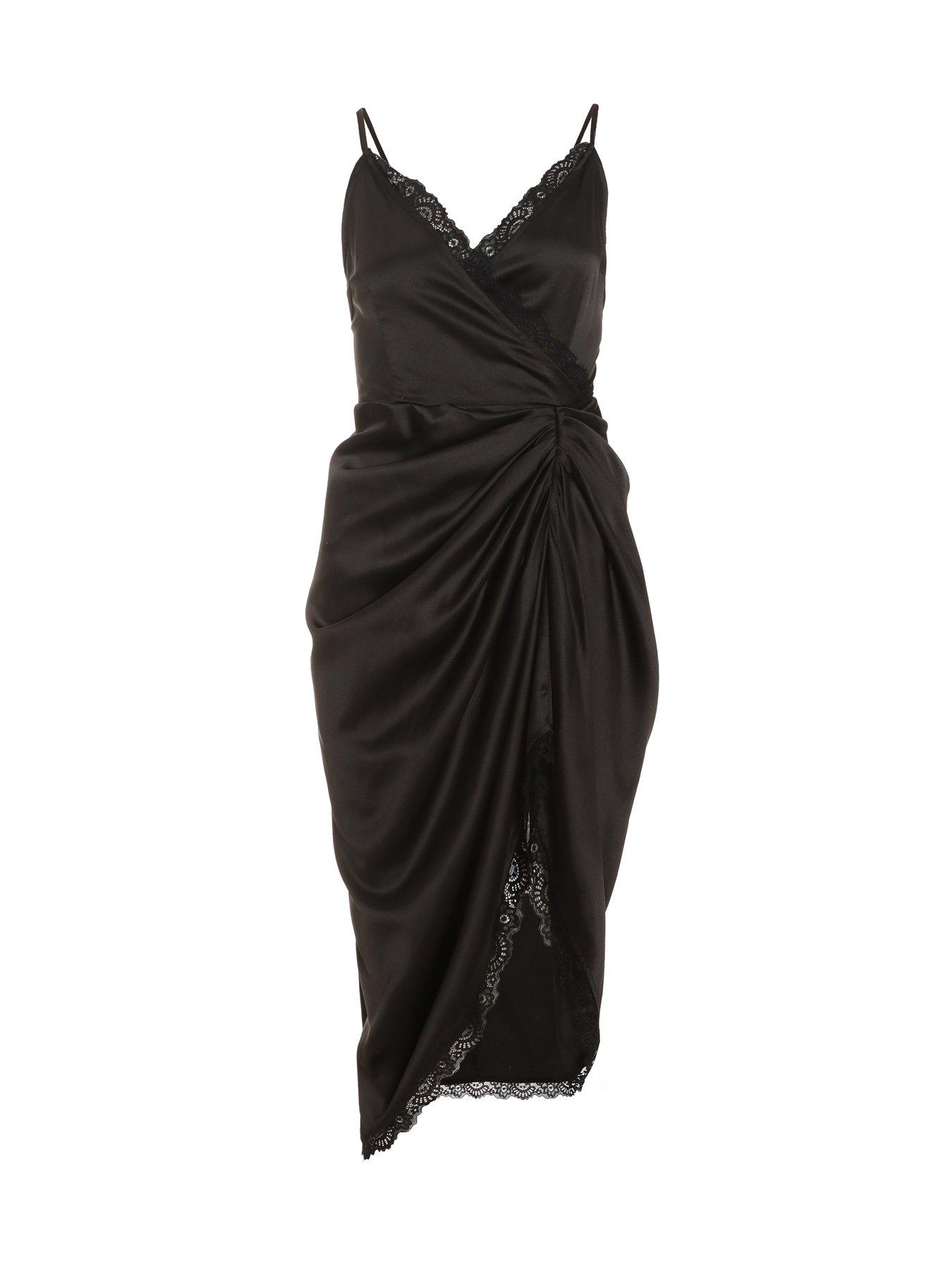 Quiz Black Satin Lace Trim Midi Dress | Littlewoods