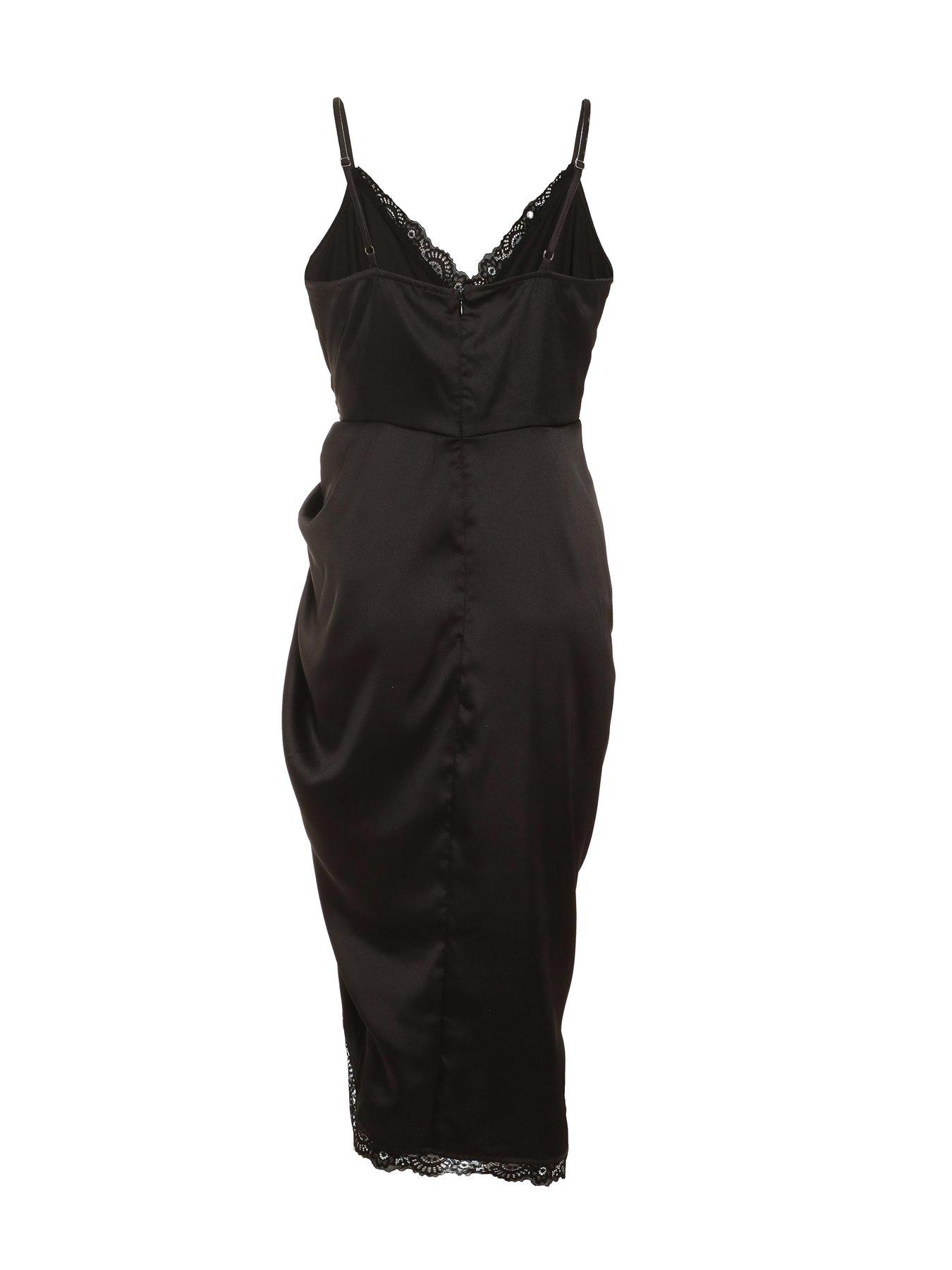 Quiz Black Satin Lace Trim Midi Dress | Littlewoods