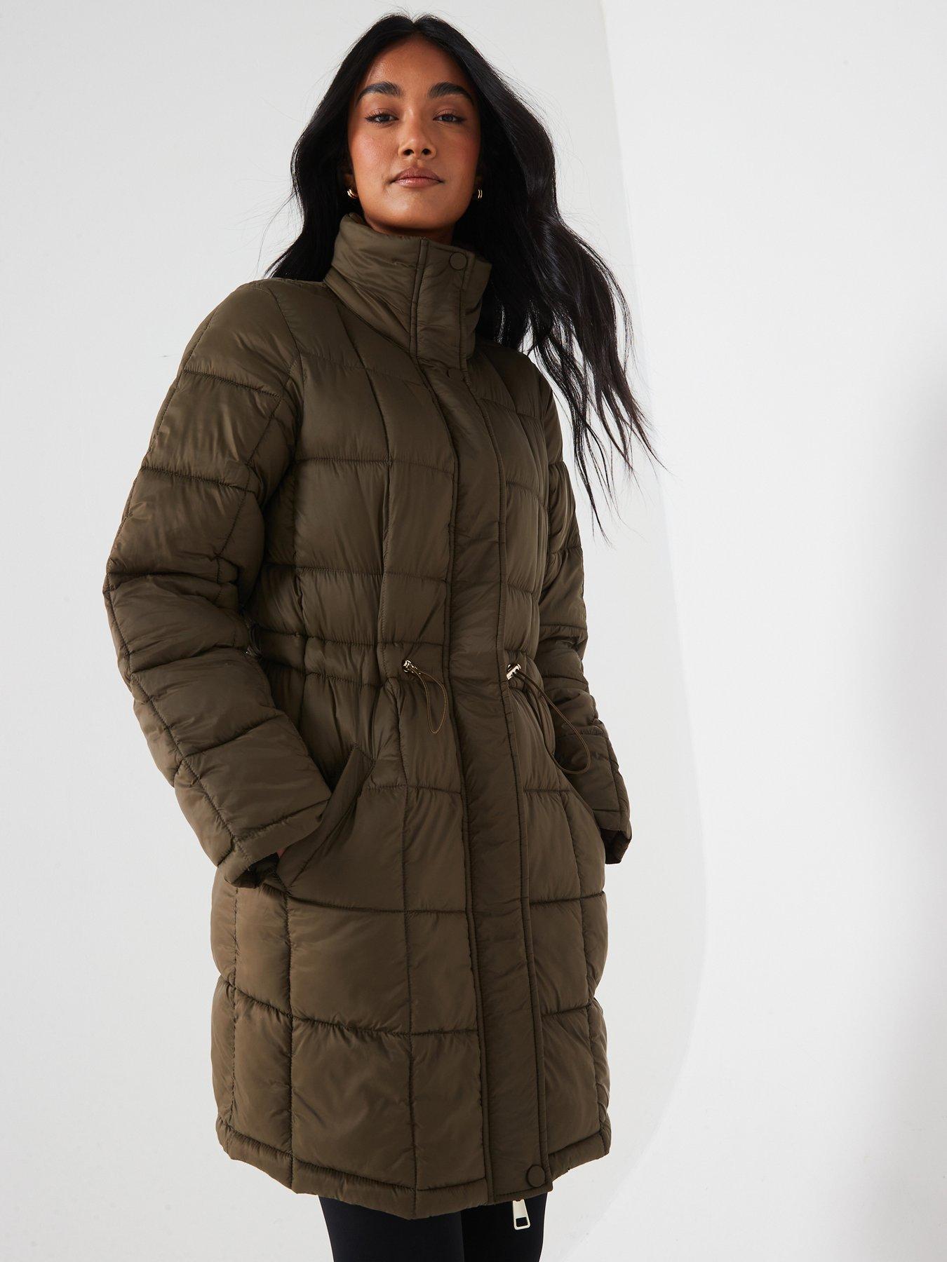 undefined Padded Coat With Waist Detail - Khaki