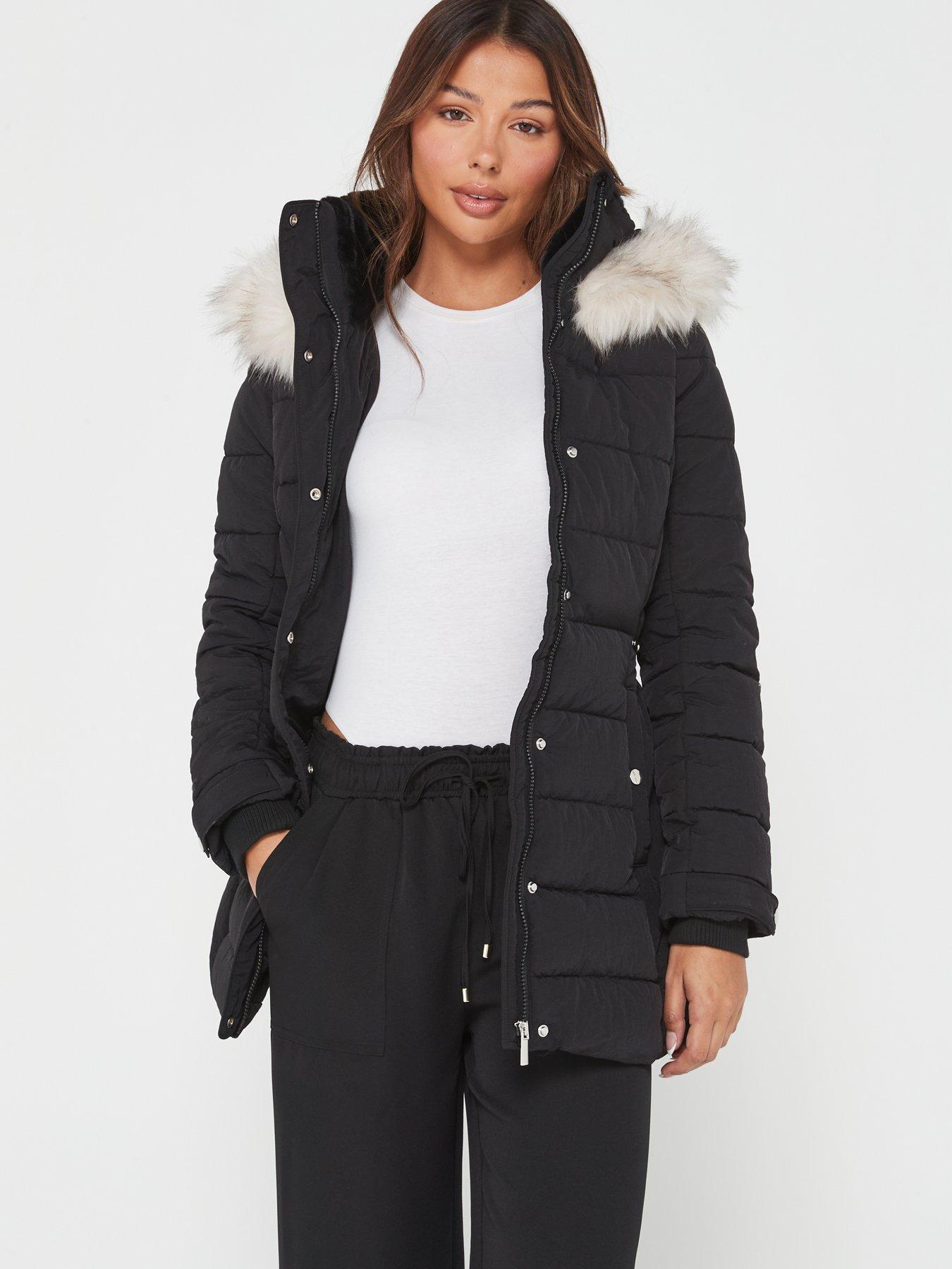 front image of everyday-padded-short-coat-with-faux-fur-trim-hood-black