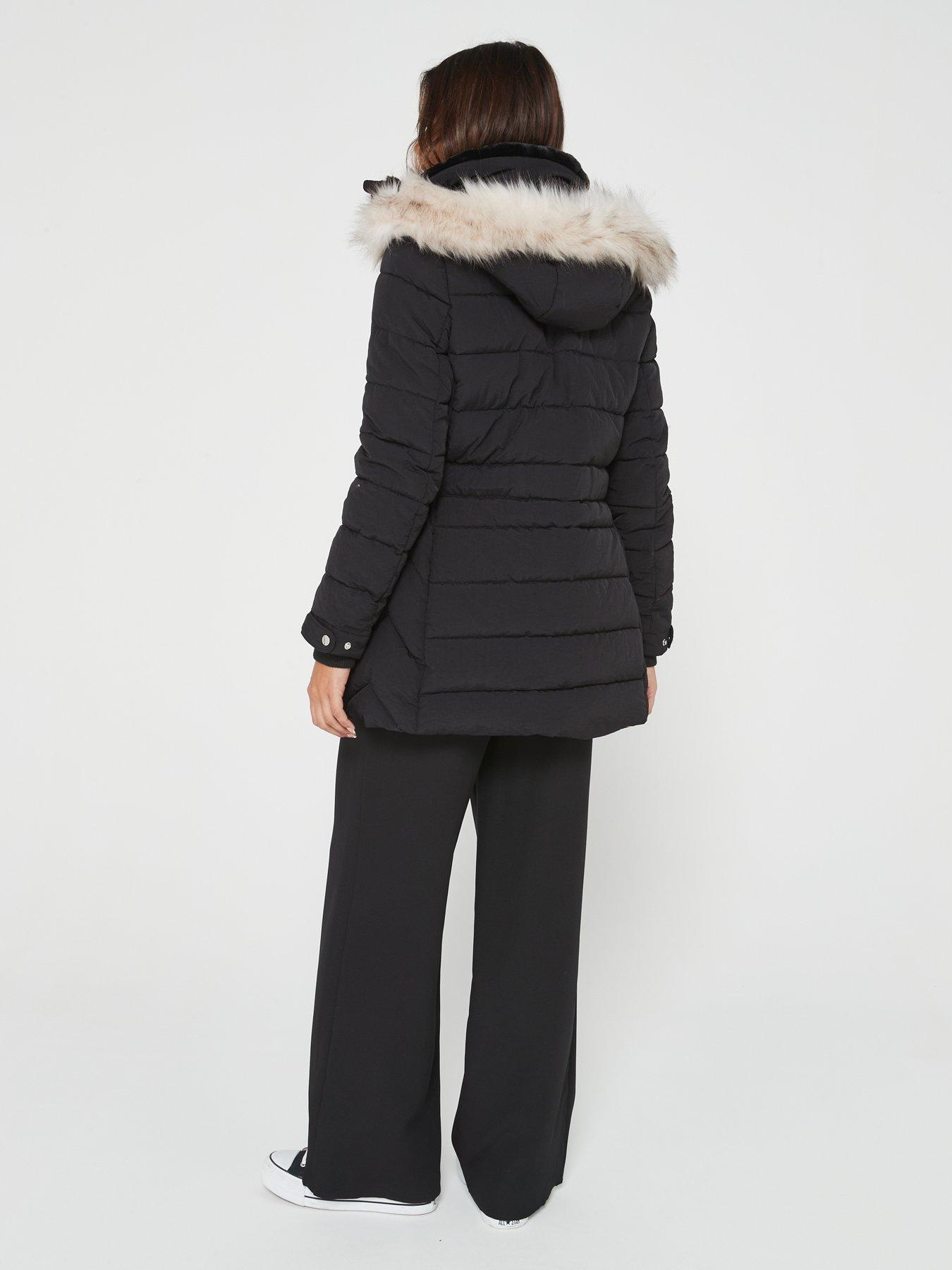 stillFront image of everyday-padded-short-coat-with-faux-fur-trim-hood-black