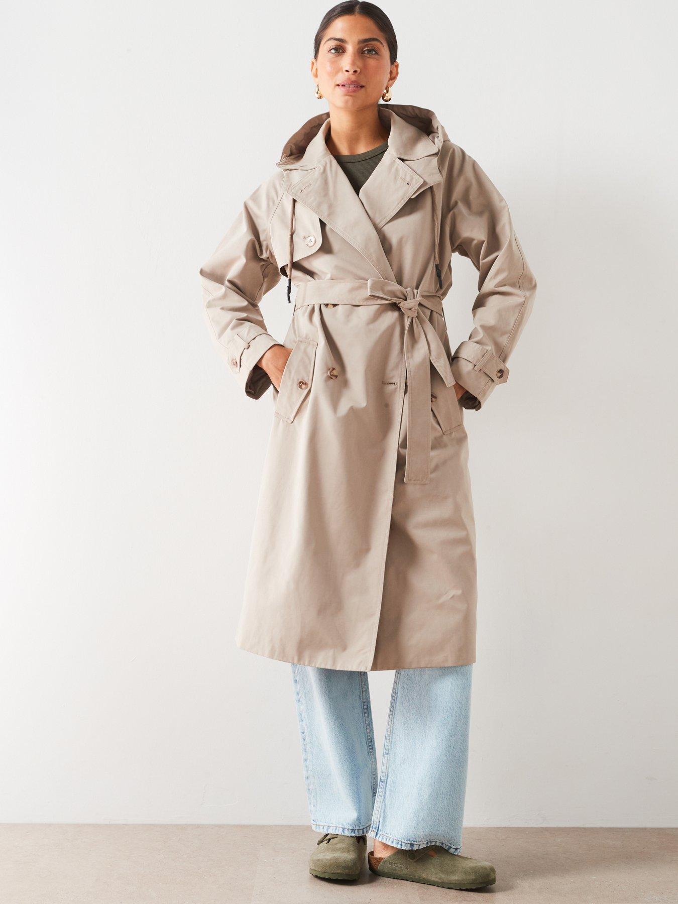 V by Very Cotton Blend Hooded Trench Coat Stone littlewoods