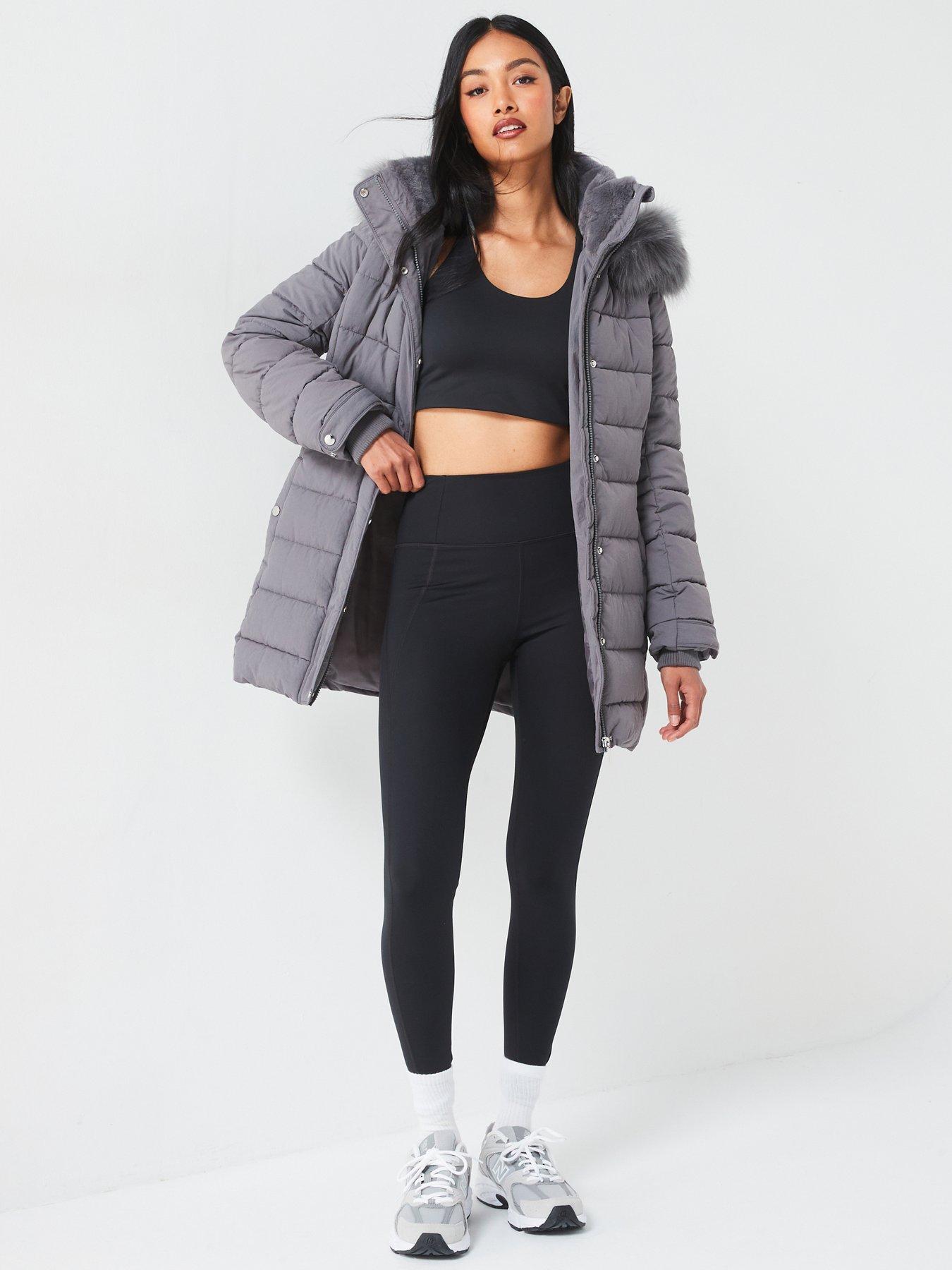 undefined Padded Short Coat With Faux Fur Trim Hood - Grey