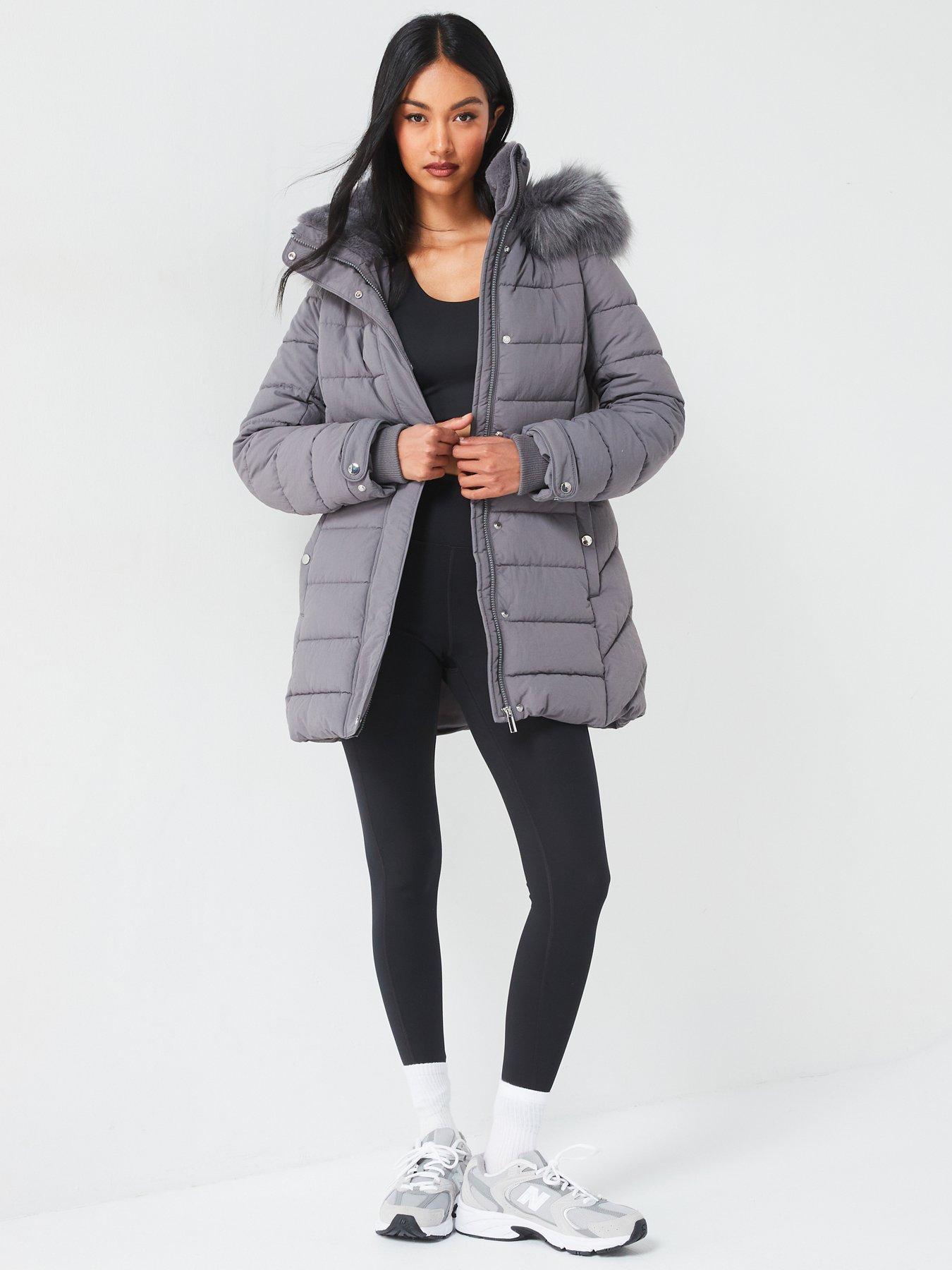 Grey padded faux fur coat deals