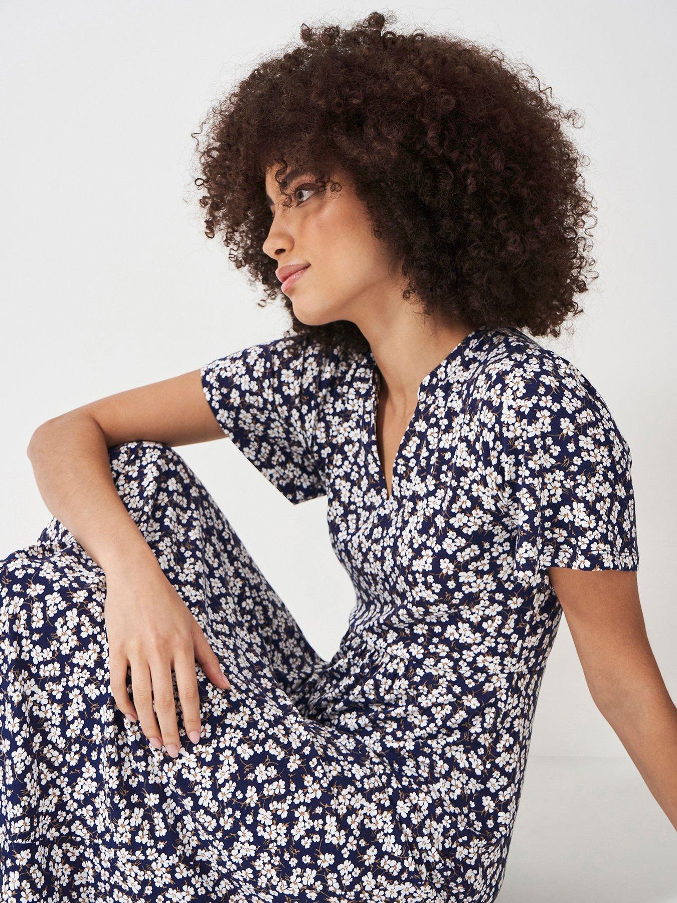 Crew Clothing Emi Print Short Sleeve Jersey Dress Navy