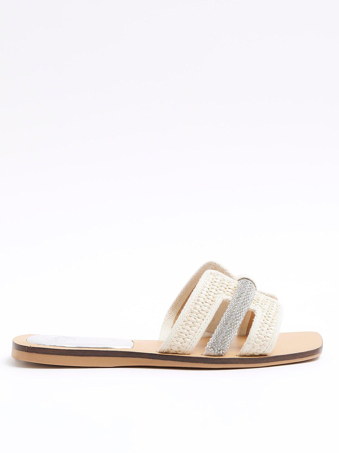Cut Out Strap Raffia Sandal Beige
