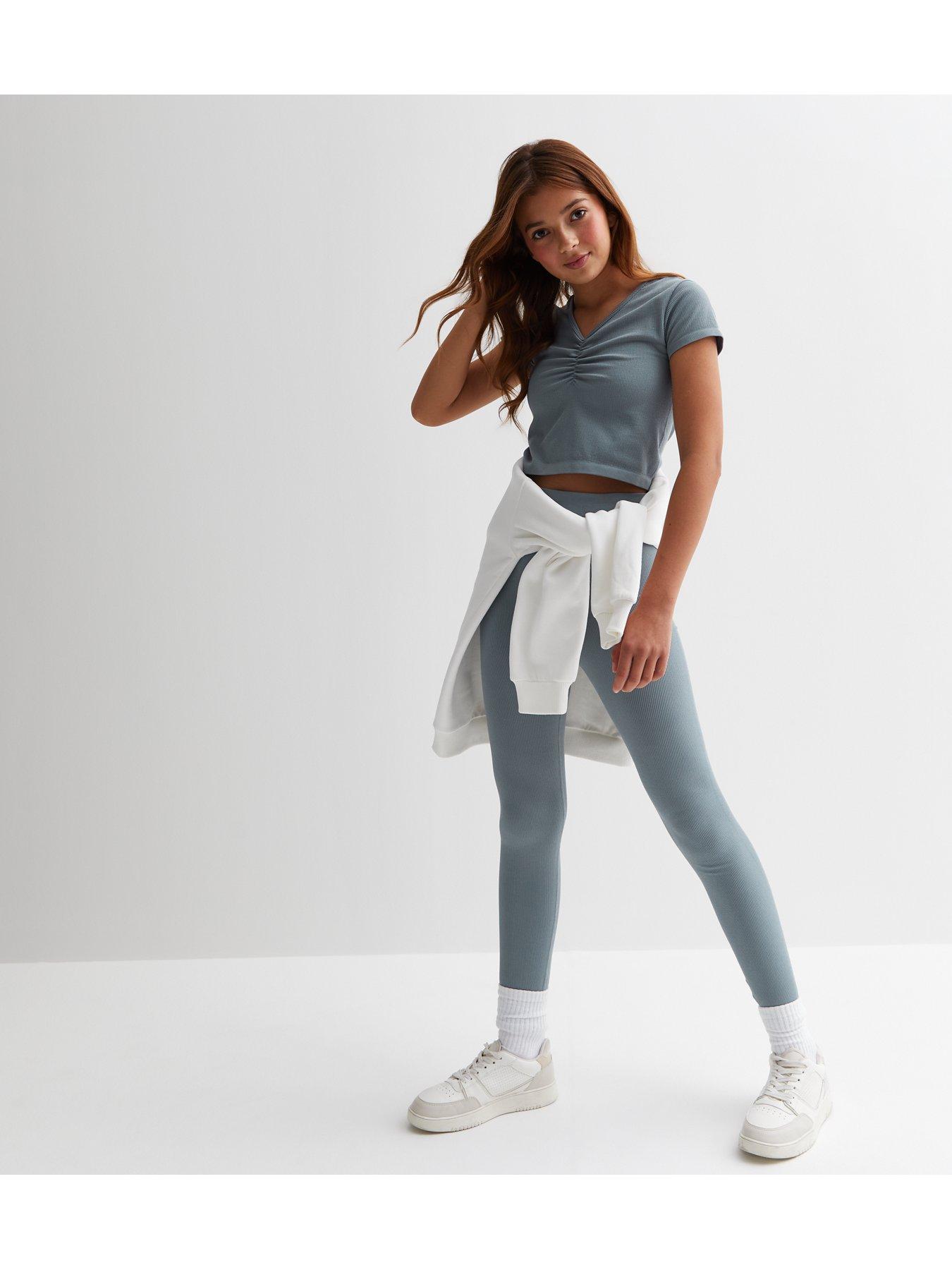 Image 4 of 4 of New Look 915 Girls Blue Ribbed V Neck Ruched Sports Top
