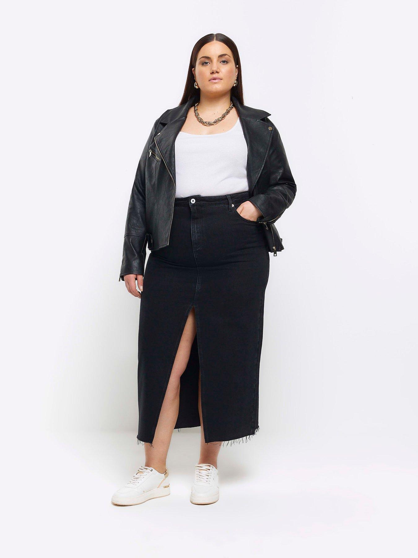 Long black denim 2025 skirt plus size