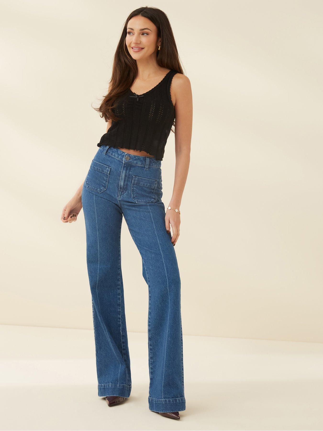 Pocket Detail Wide Leg Jeans Dark Blue