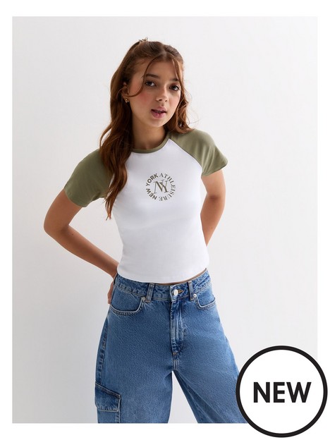 new-look-915-girls-olive-ny-logo-raglan-t-shirt