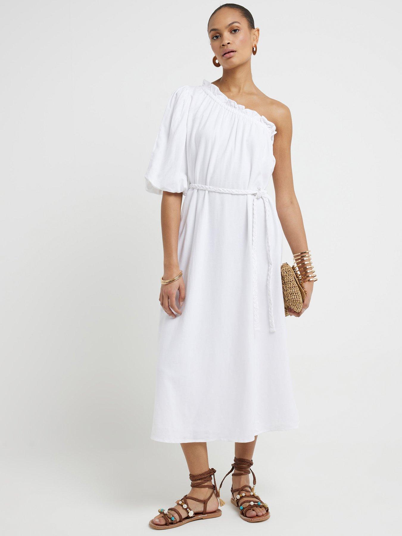 undefined Linen One Shoulder Maxi Dress - White