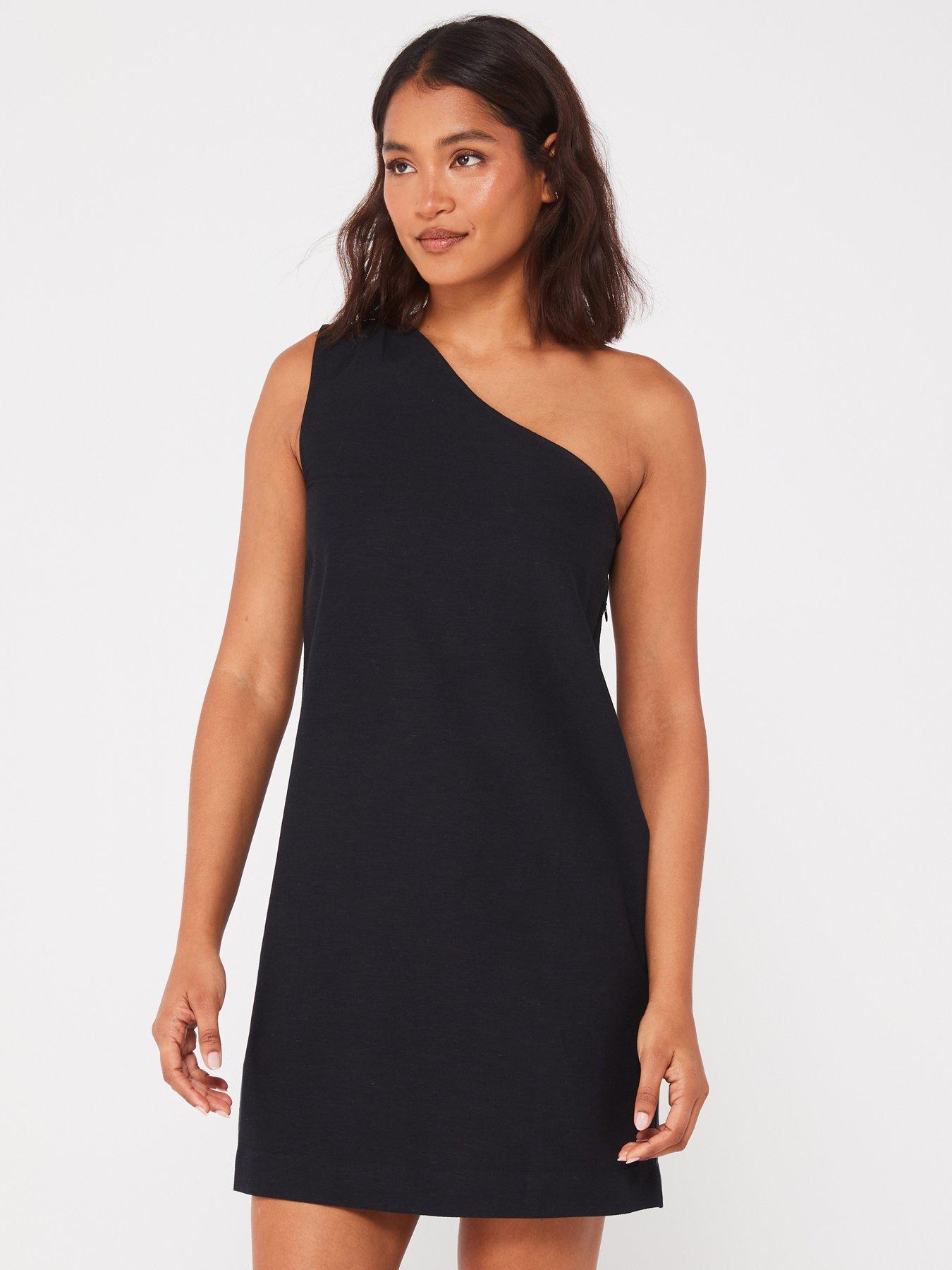 undefined One Shoulder Linen A-line Mini Dress - Black