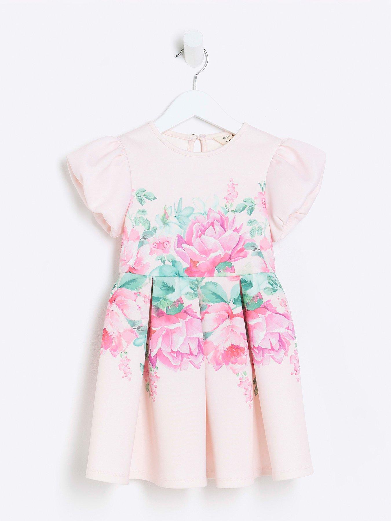 River Island Mini Mini Girls Floral Puff Sleeve Dress Pink