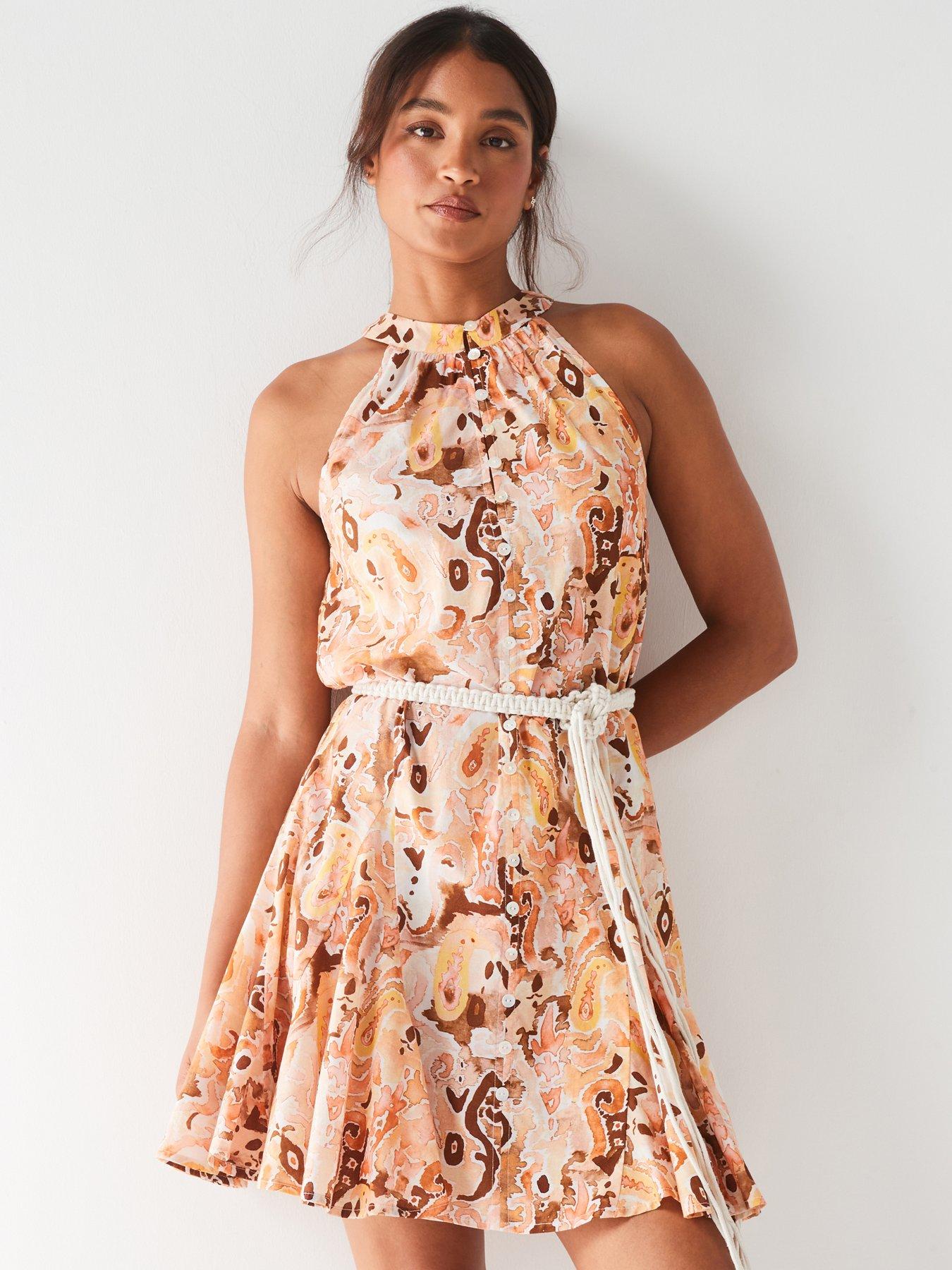 undefined Belted Cotton Mini Dress - Orange