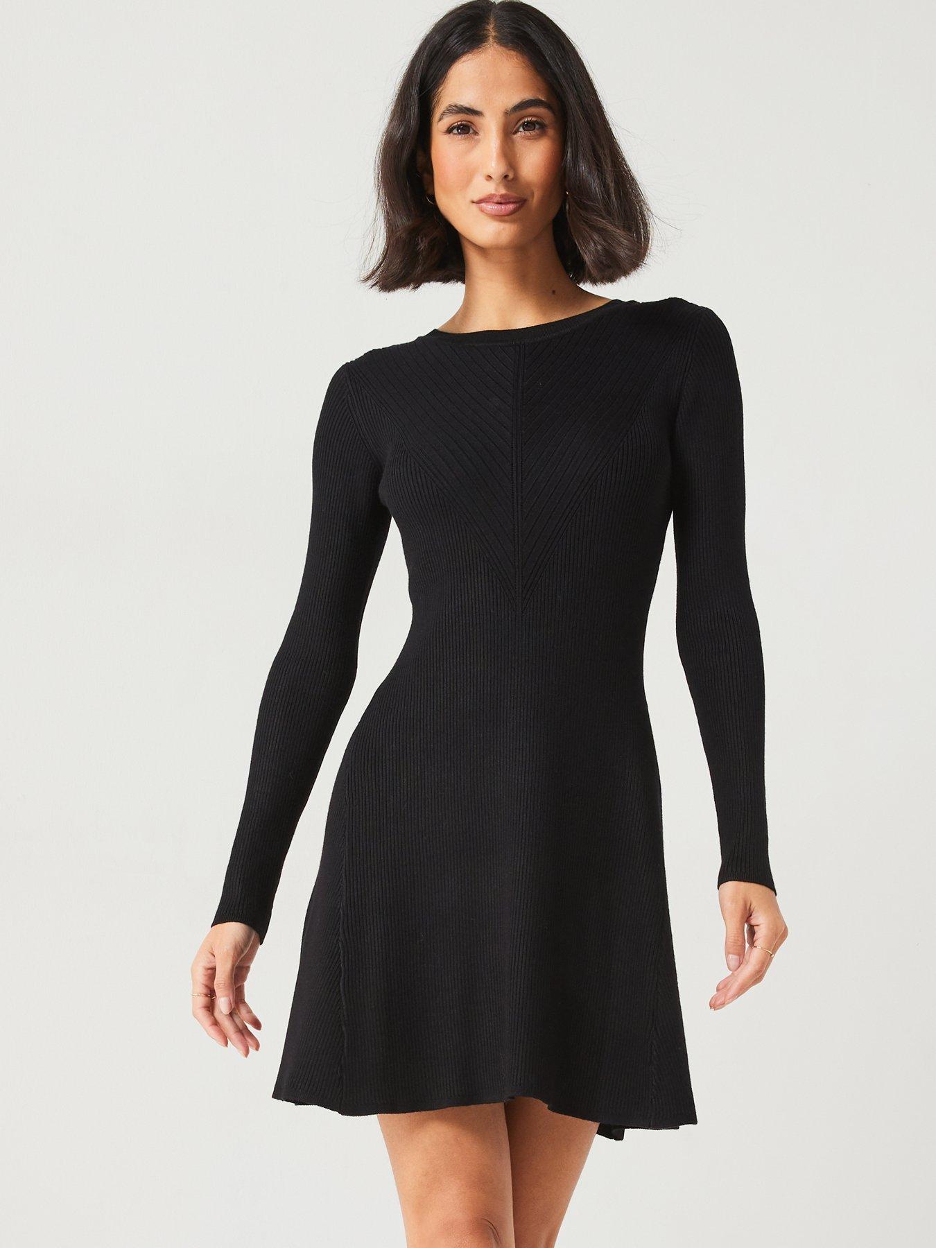  image of v-by-very-fit-amp-flare-seam-mini-dress-black