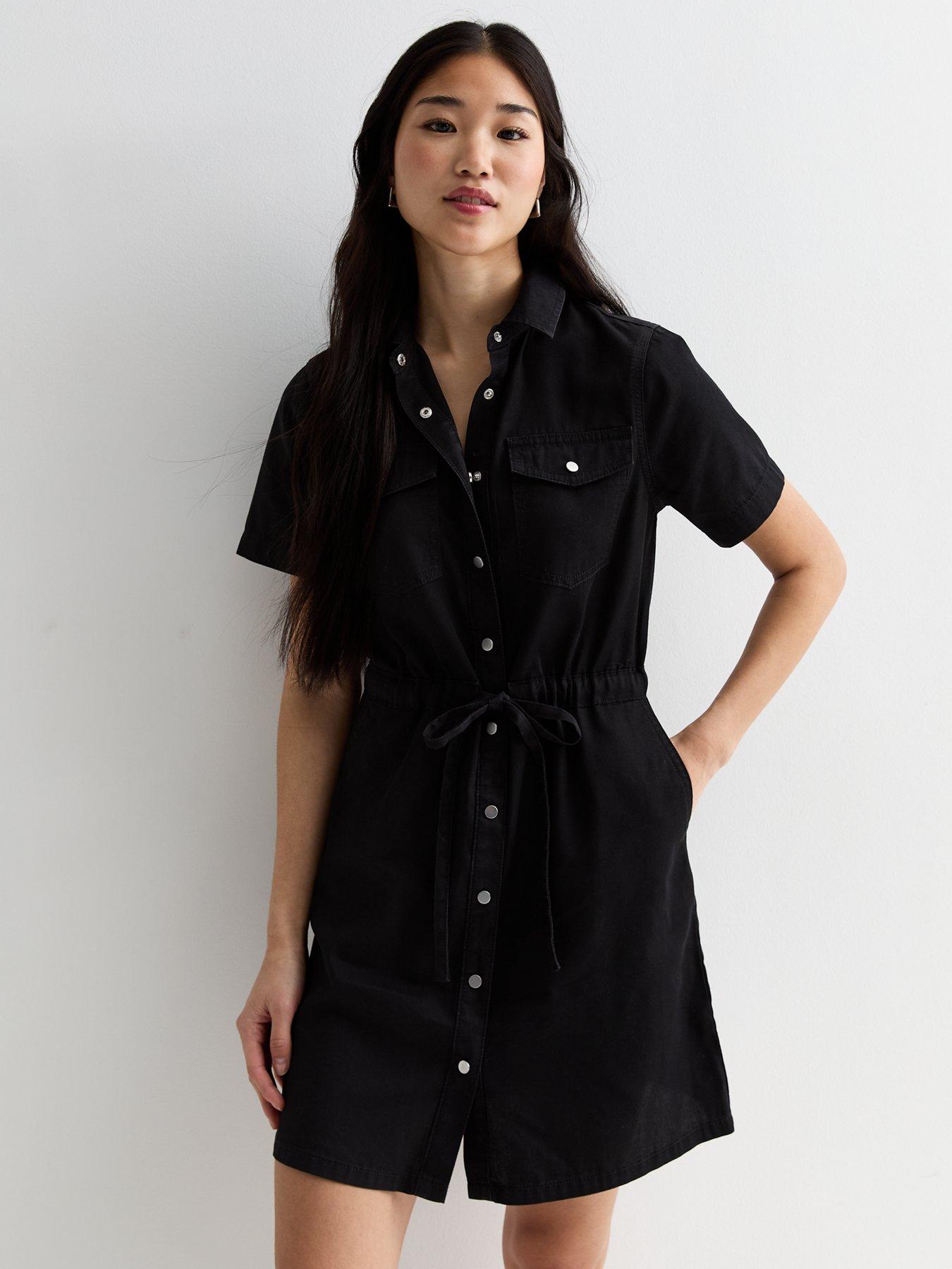 New Look Black Lightweight Denim Drawstring Short Sleeve Mini Shirt Dress littlewoods