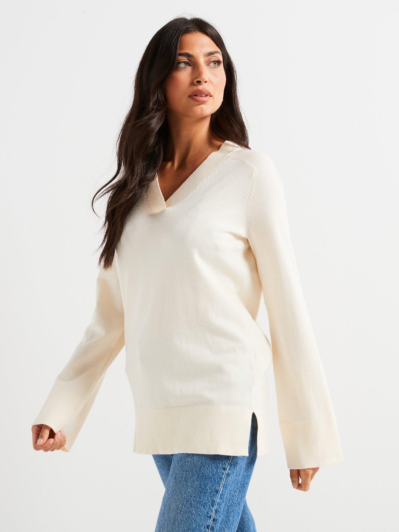 undefined V Neck Longline Jumper - Light Beige