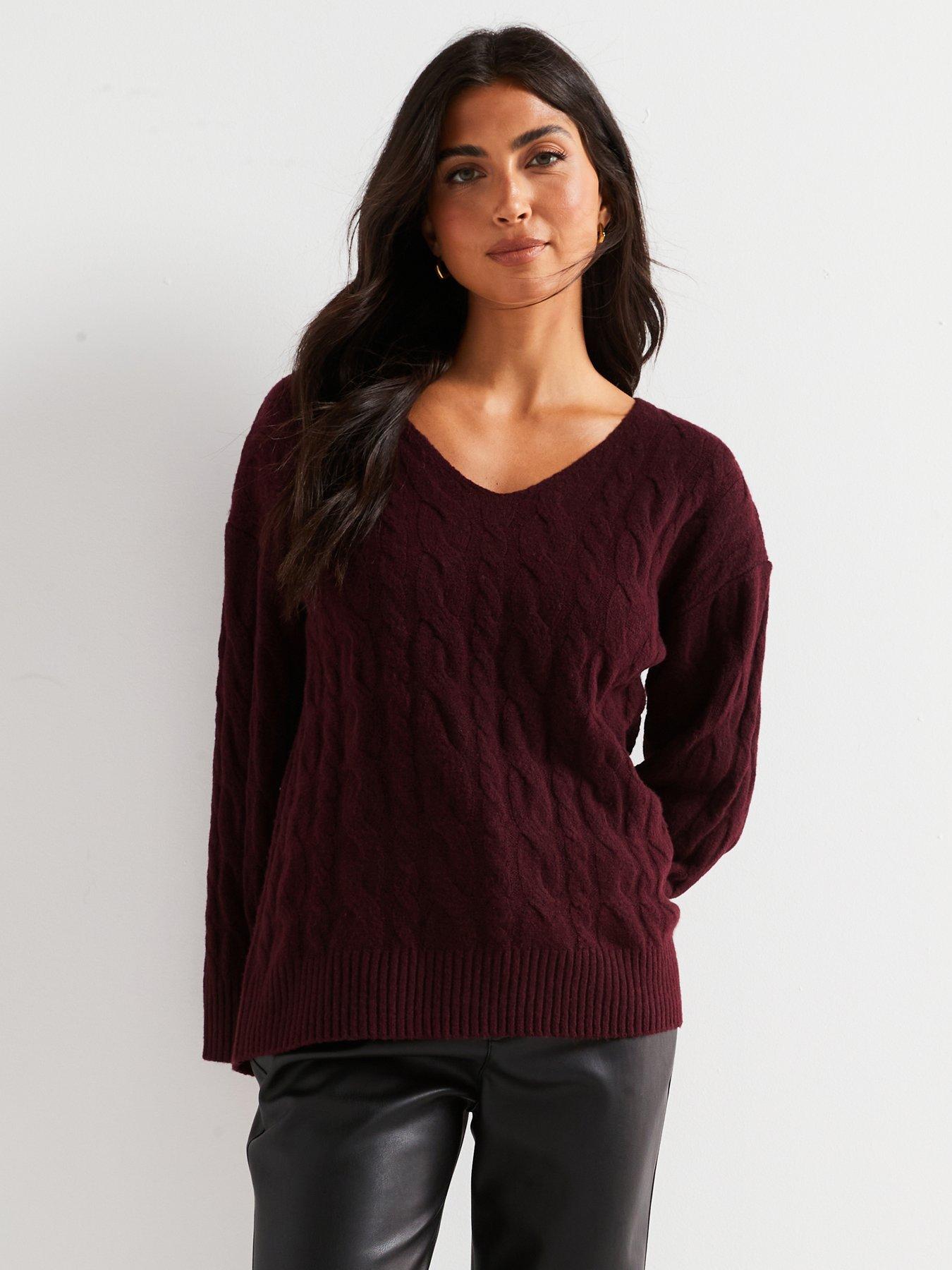 Image 1 of 6 of V by Very V Neck Cable Jumper - Burgundy