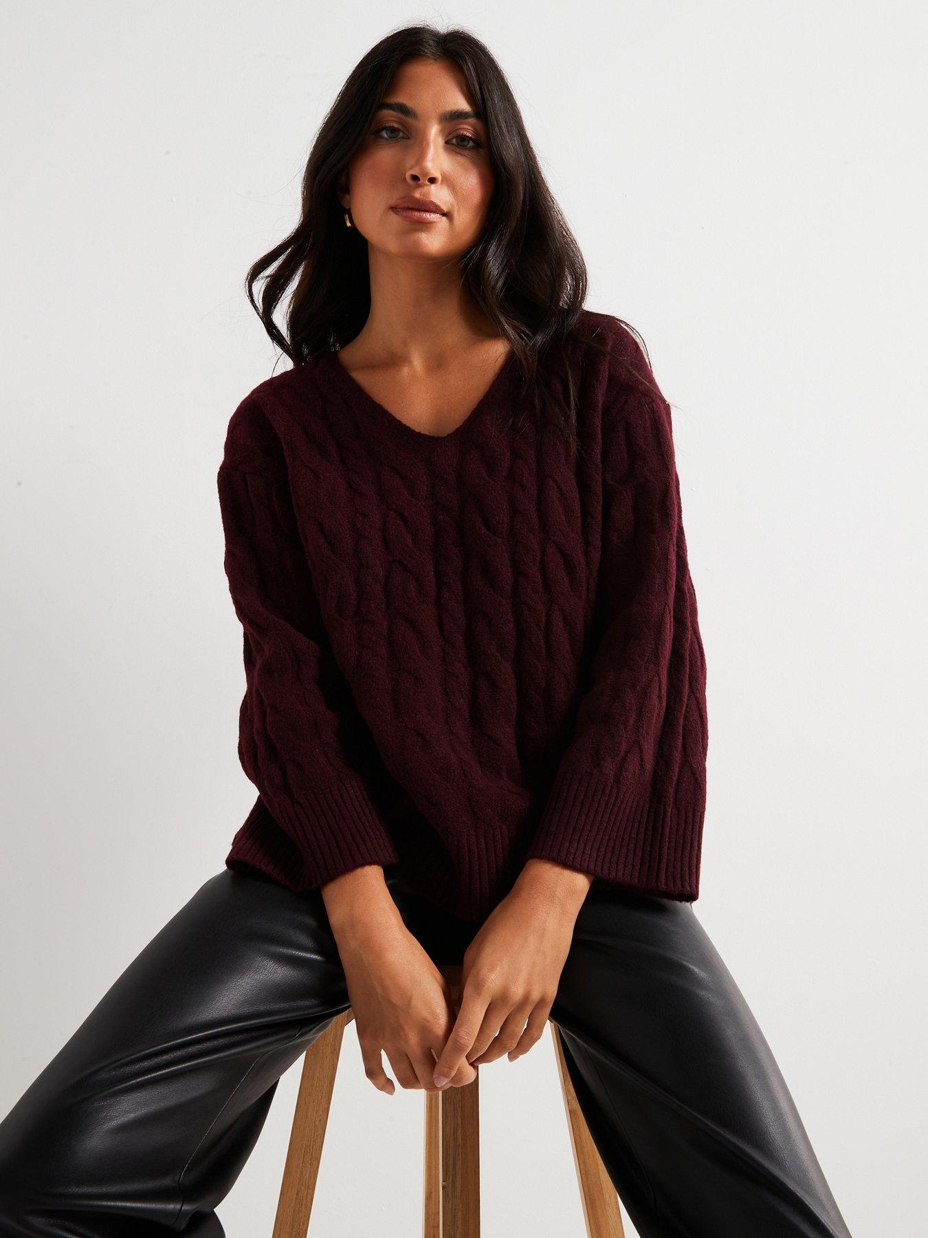 Image 4 of 6 of V by Very V Neck Cable Jumper - Burgundy