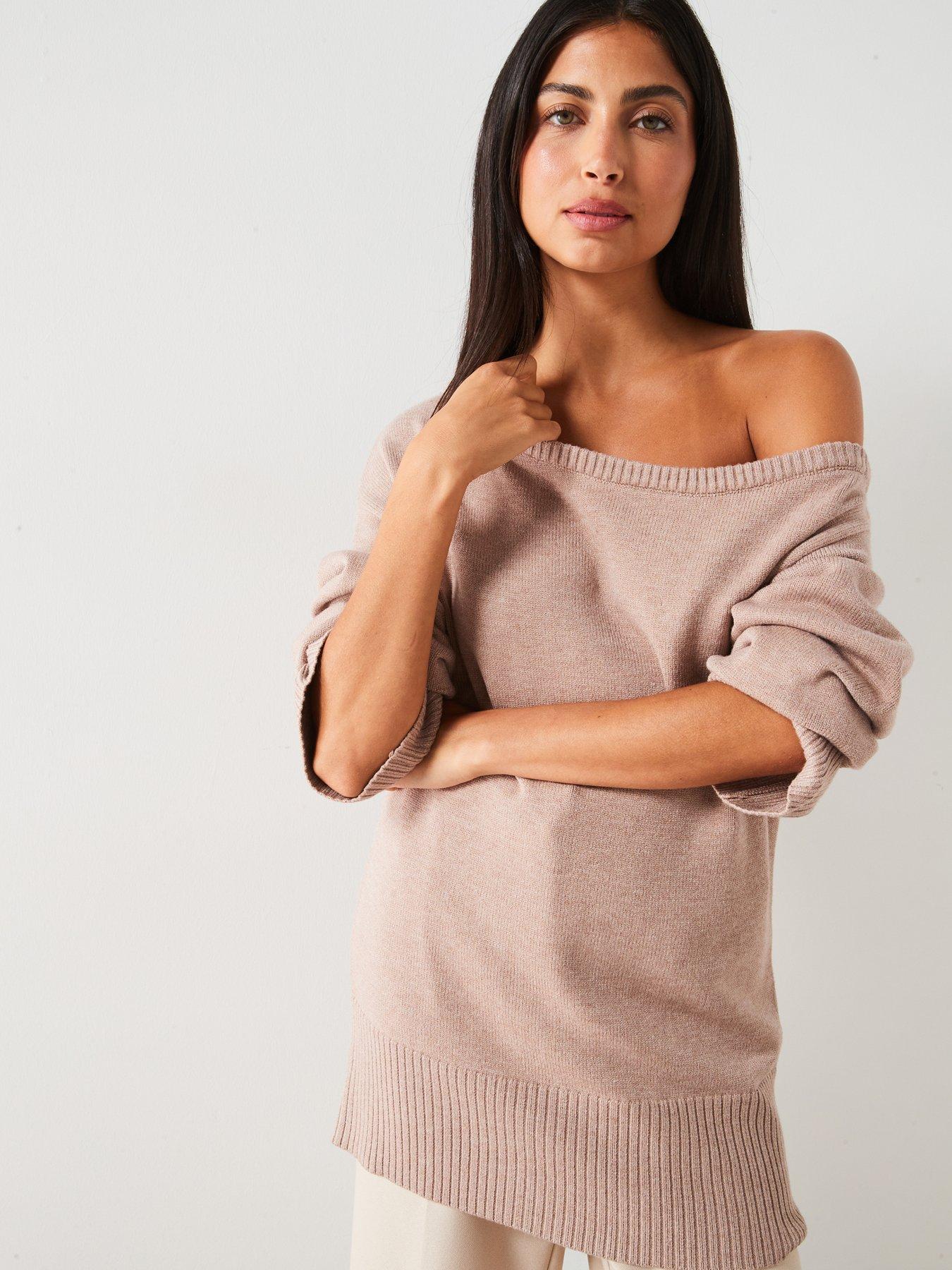 undefined Off The Shoulder Longline Jumper - Beige
