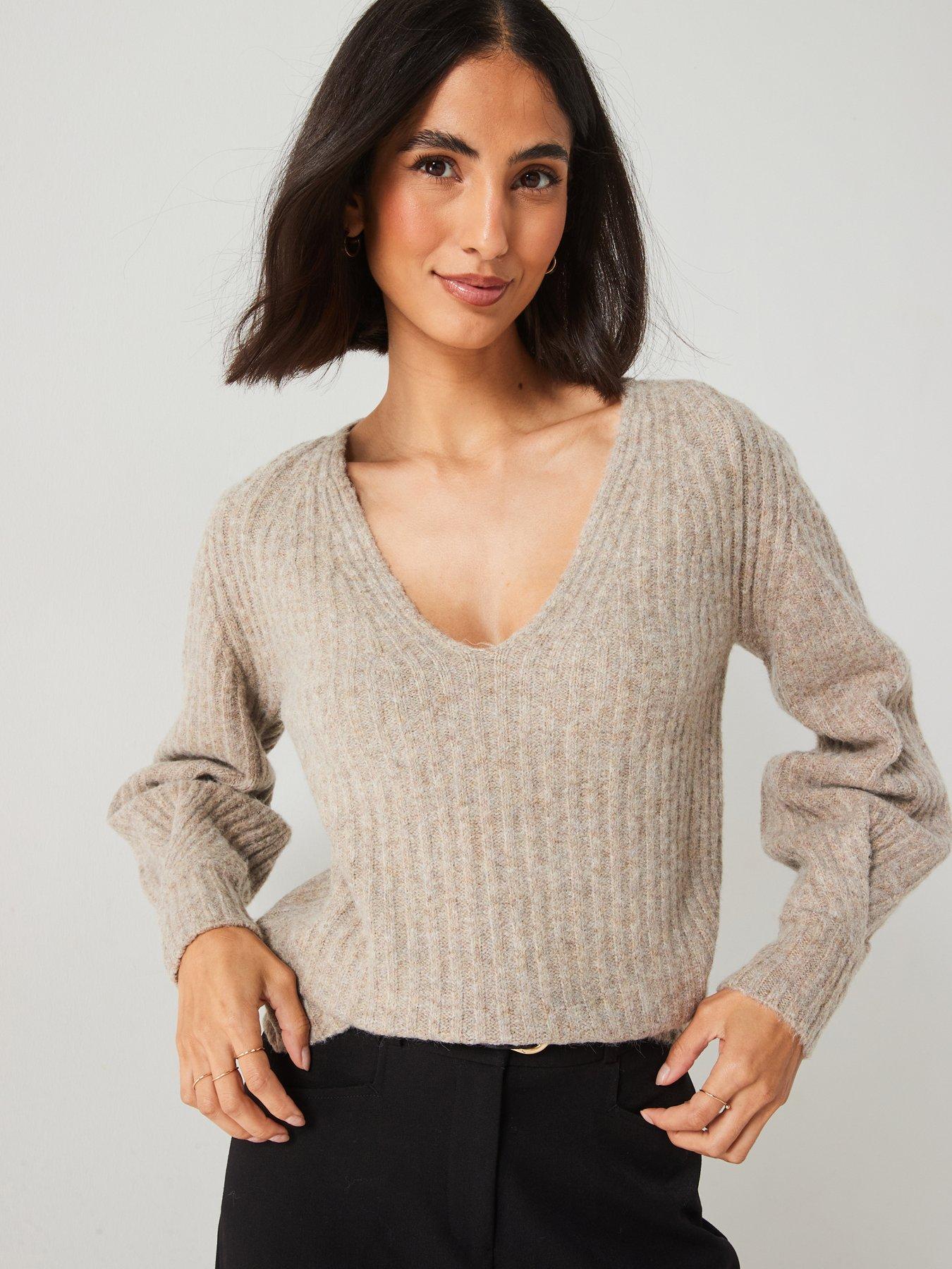  image of v-by-very-v-neck-pleated-knitted-jumper-brown