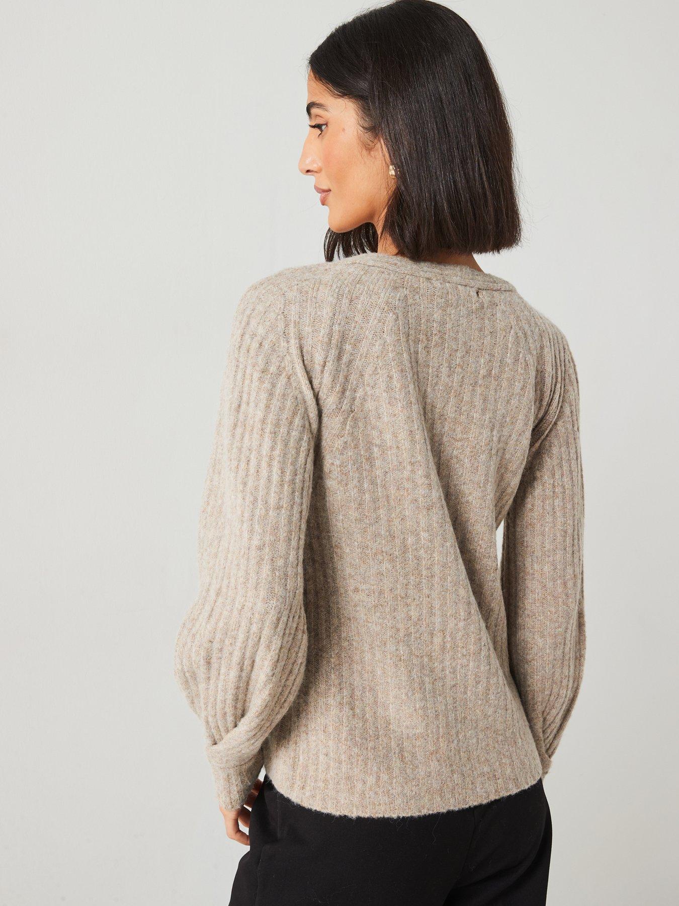  image of v-by-very-v-neck-pleated-knitted-jumper-brown