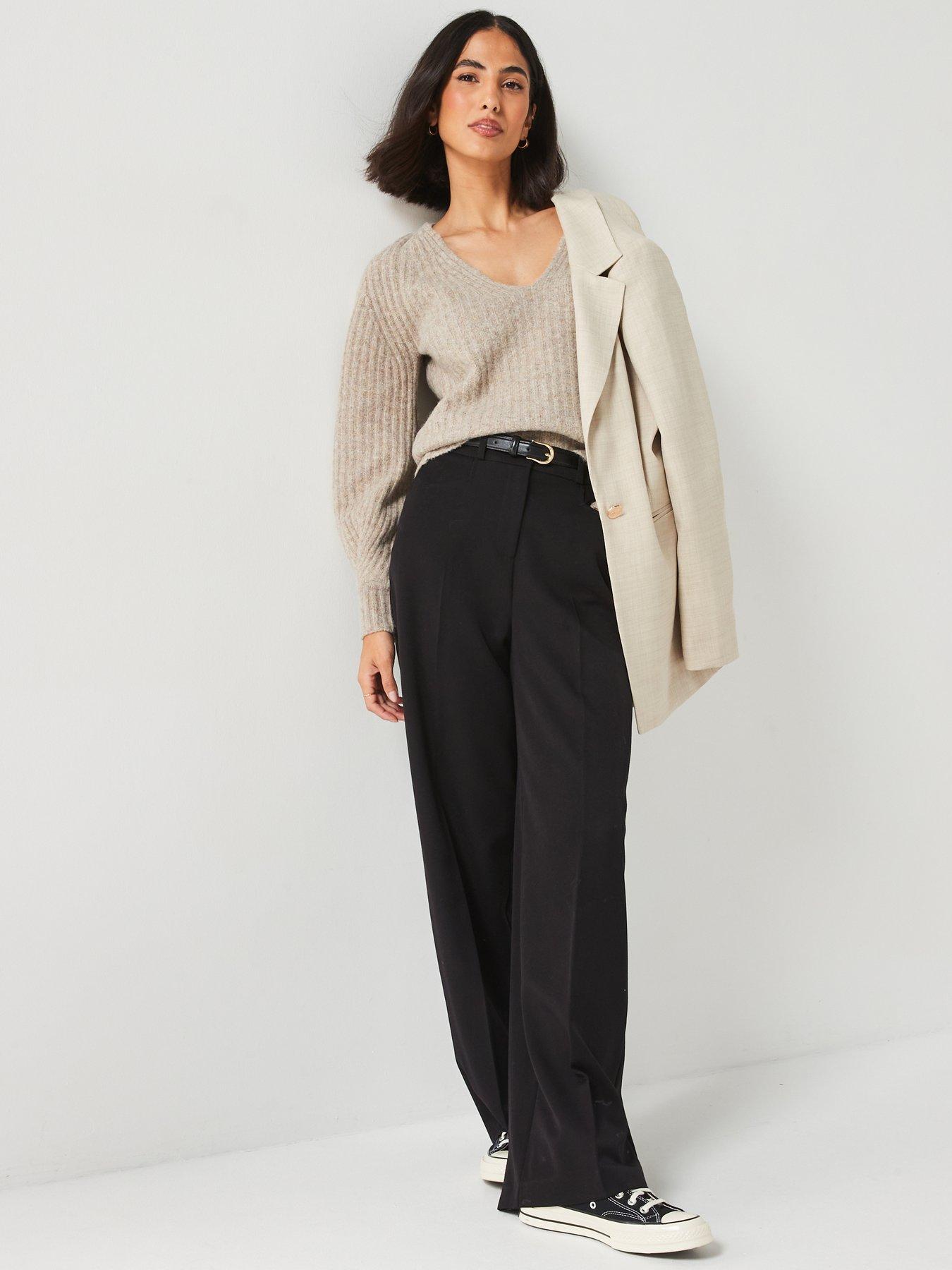  image of v-by-very-v-neck-pleated-knitted-jumper-brown