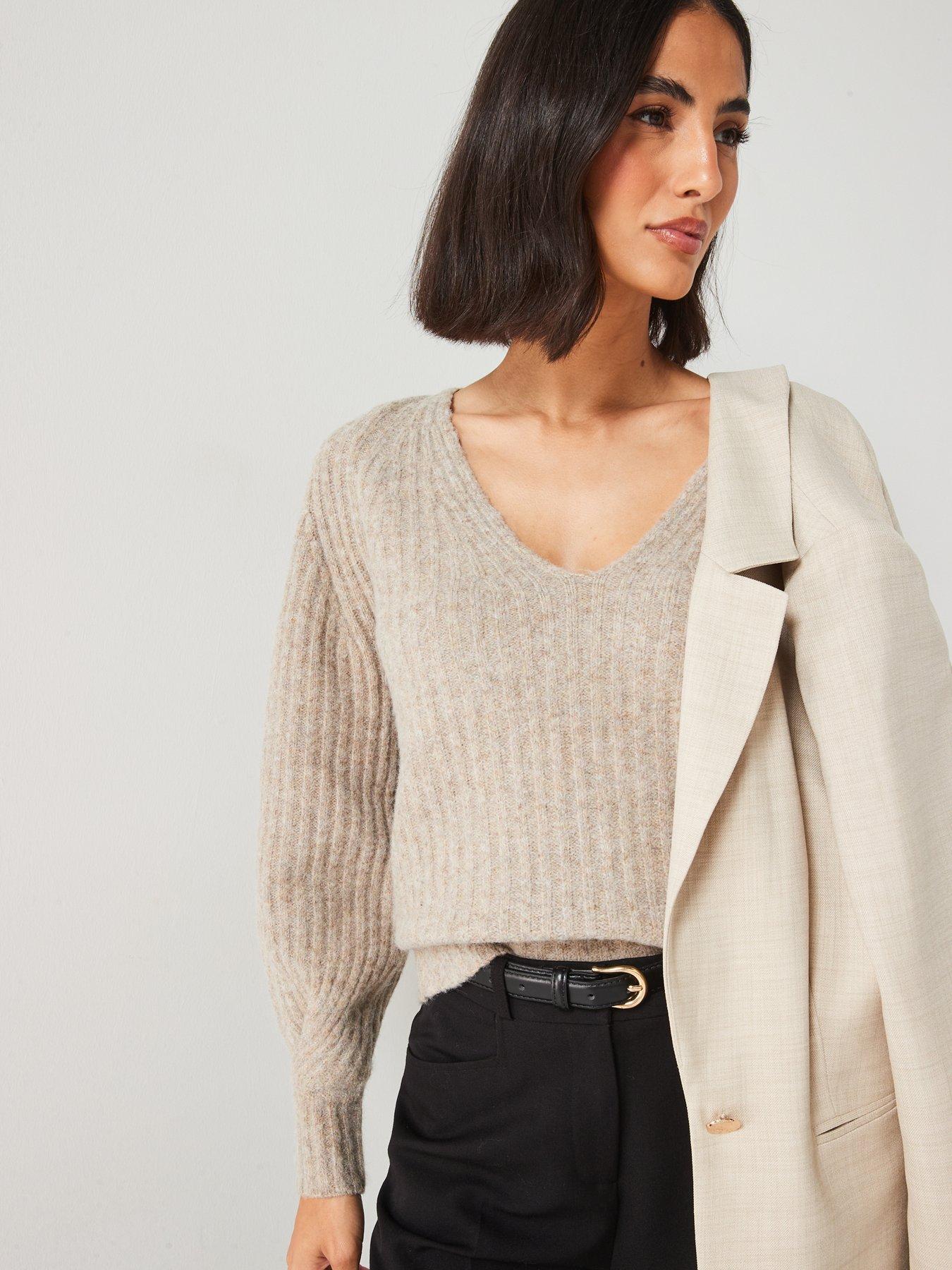  image of v-by-very-v-neck-pleated-knitted-jumper-brown