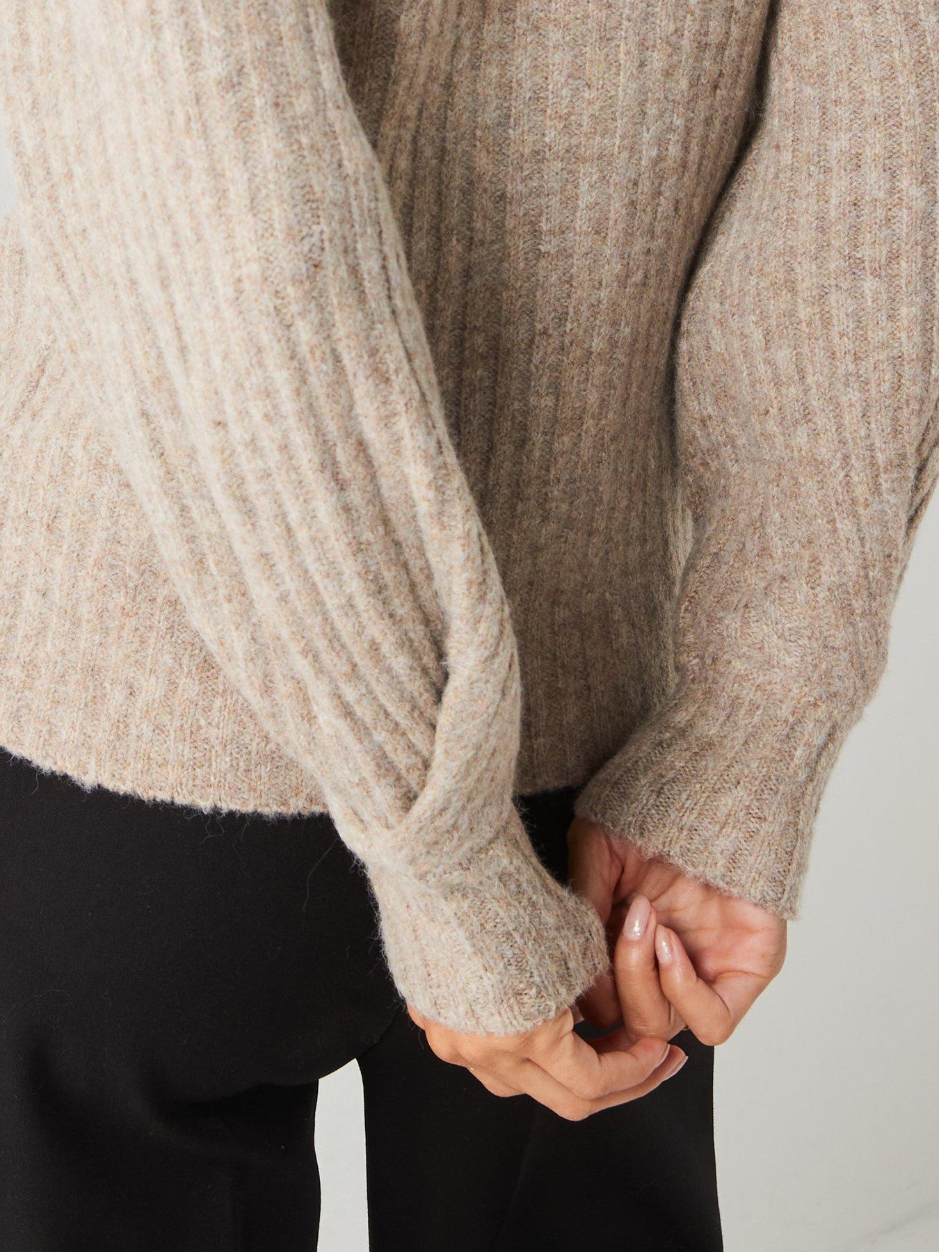  image of v-by-very-v-neck-pleated-knitted-jumper-brown