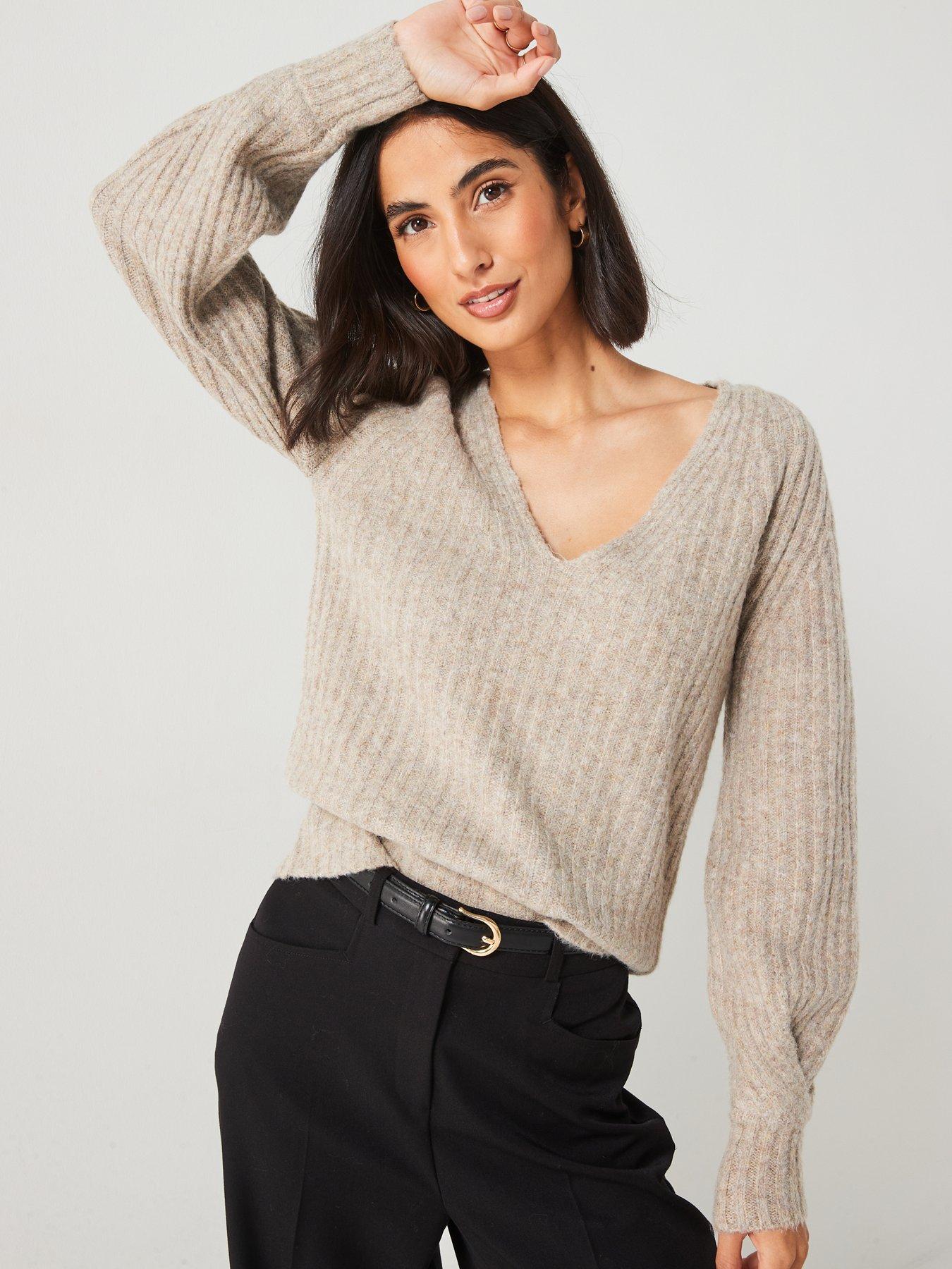  image of v-by-very-v-neck-pleated-knitted-jumper-brown