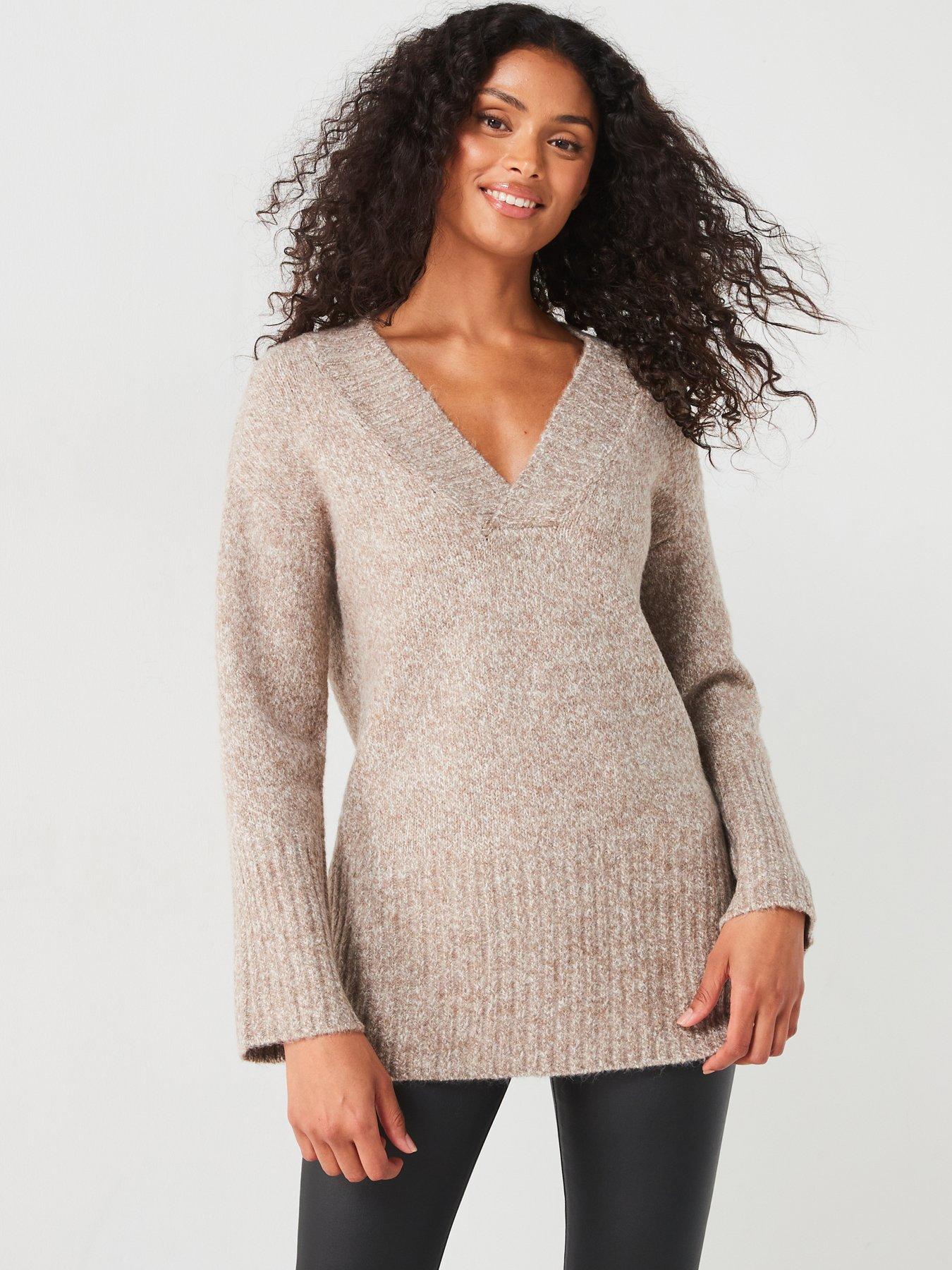  image of v-by-very-v-neck-rib-detail-jumper-dark-natural