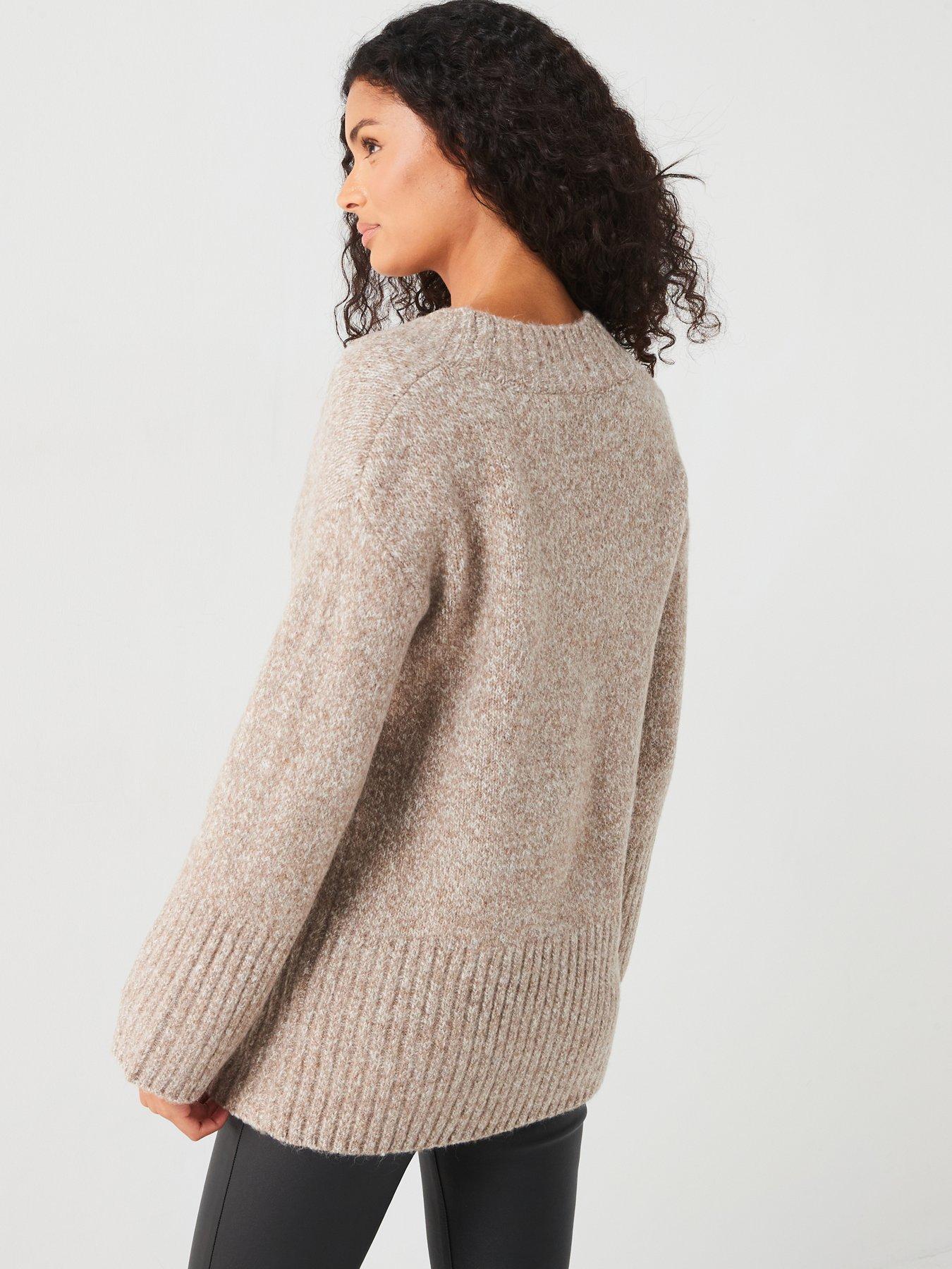  image of v-by-very-v-neck-rib-detail-jumper-dark-natural