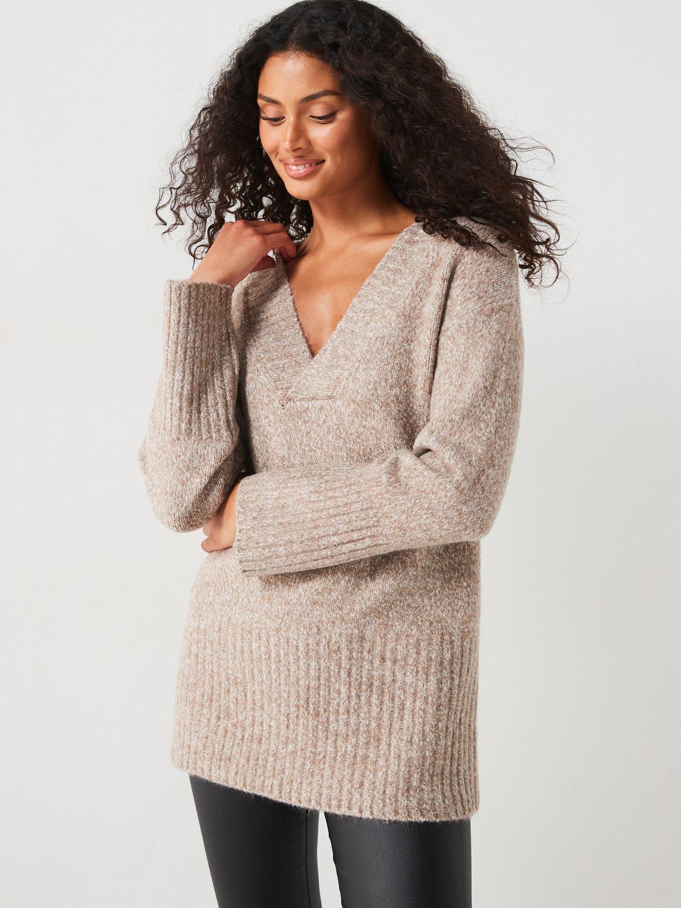  image of v-by-very-v-neck-rib-detail-jumper-dark-natural