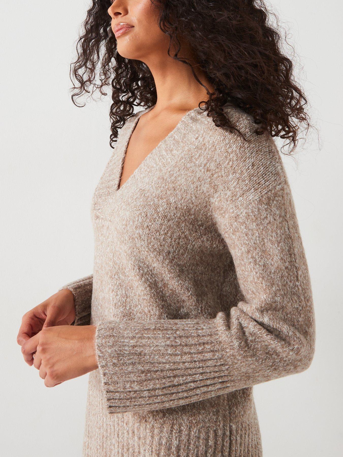  image of v-by-very-v-neck-rib-detail-jumper-dark-natural