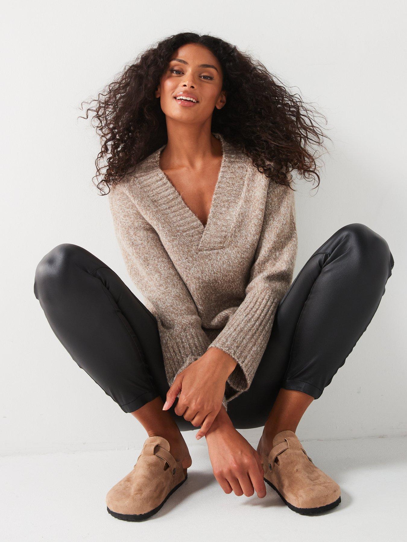  image of v-by-very-v-neck-rib-detail-jumper-dark-natural