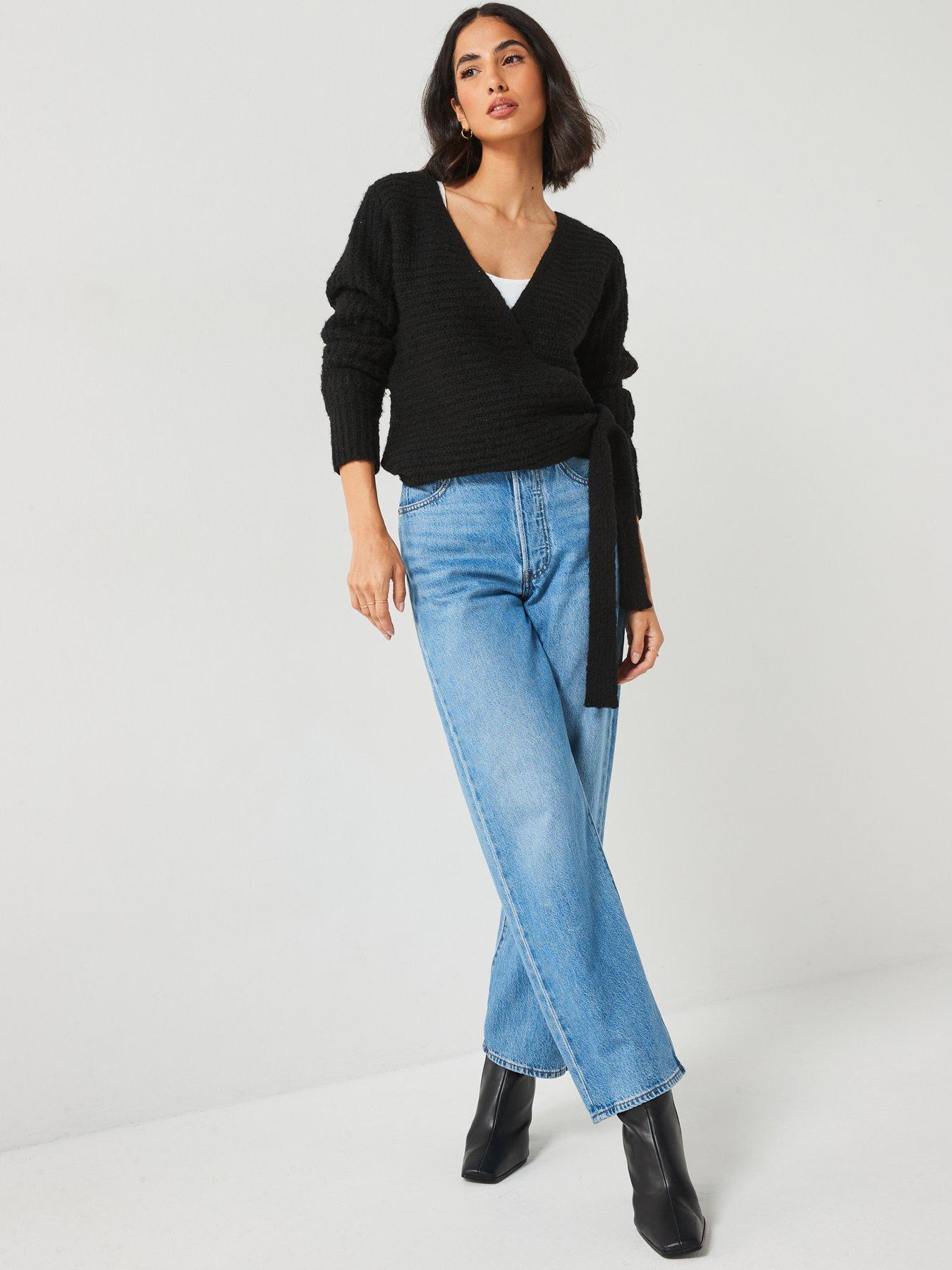  image of v-by-very-knitted-wrap-textured-cardigan-black