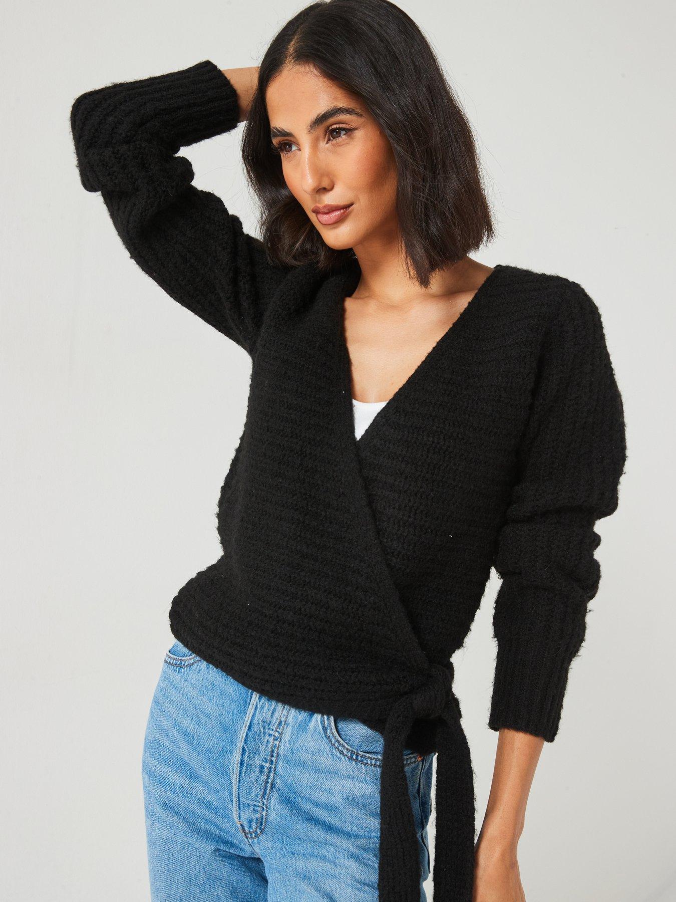  image of v-by-very-knitted-wrap-textured-cardigan-black