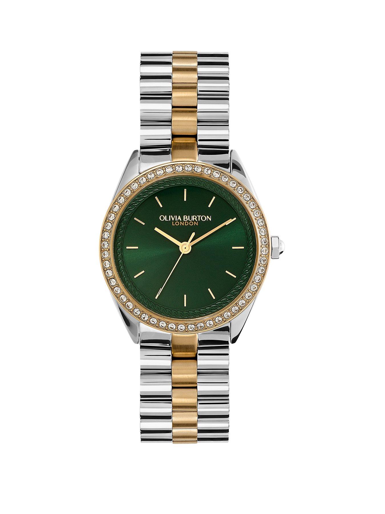 undefined 34mm Bejewelled Crystal Bezel and Forest Green Dial Bracelet Watch