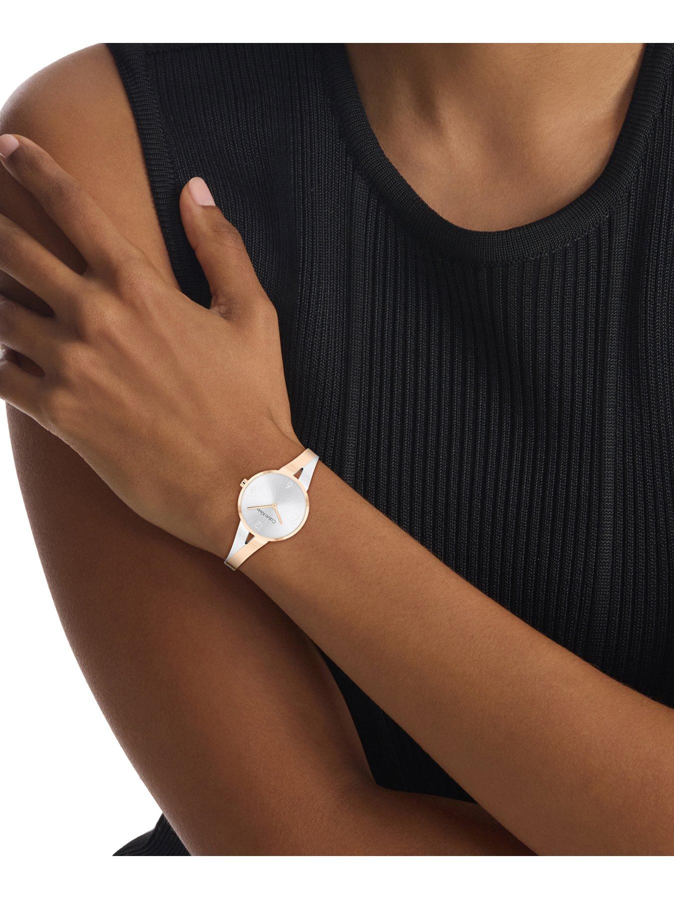  image of calvin-klein-womens-calvin-klein-two-tone-stainless-steel-and-gold-plated-bangle-watch
