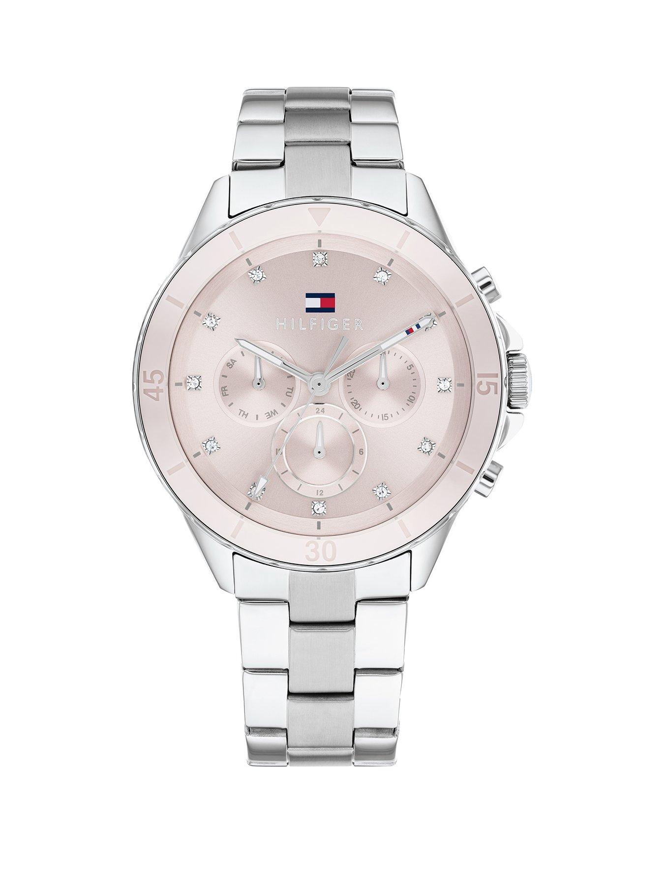 women s stainless steel watch with a pink ceramic bezel