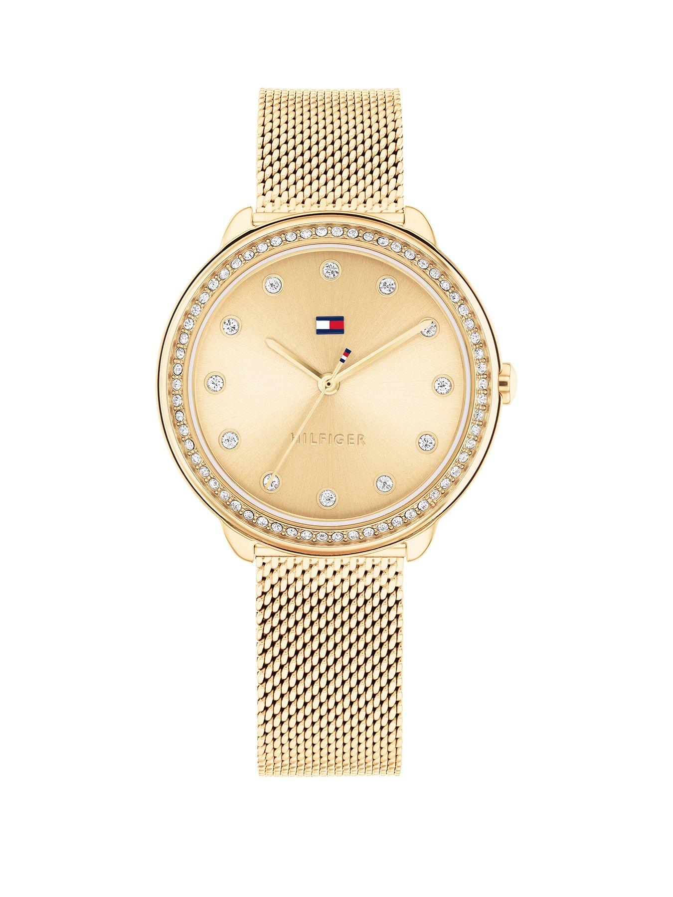  image of tommy-hilfiger-womens-gold-plated-mesh-watch-with-a-crystal-bezel