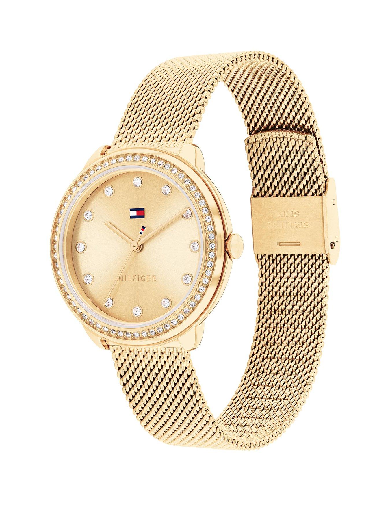  image of tommy-hilfiger-womens-gold-plated-mesh-watch-with-a-crystal-bezel
